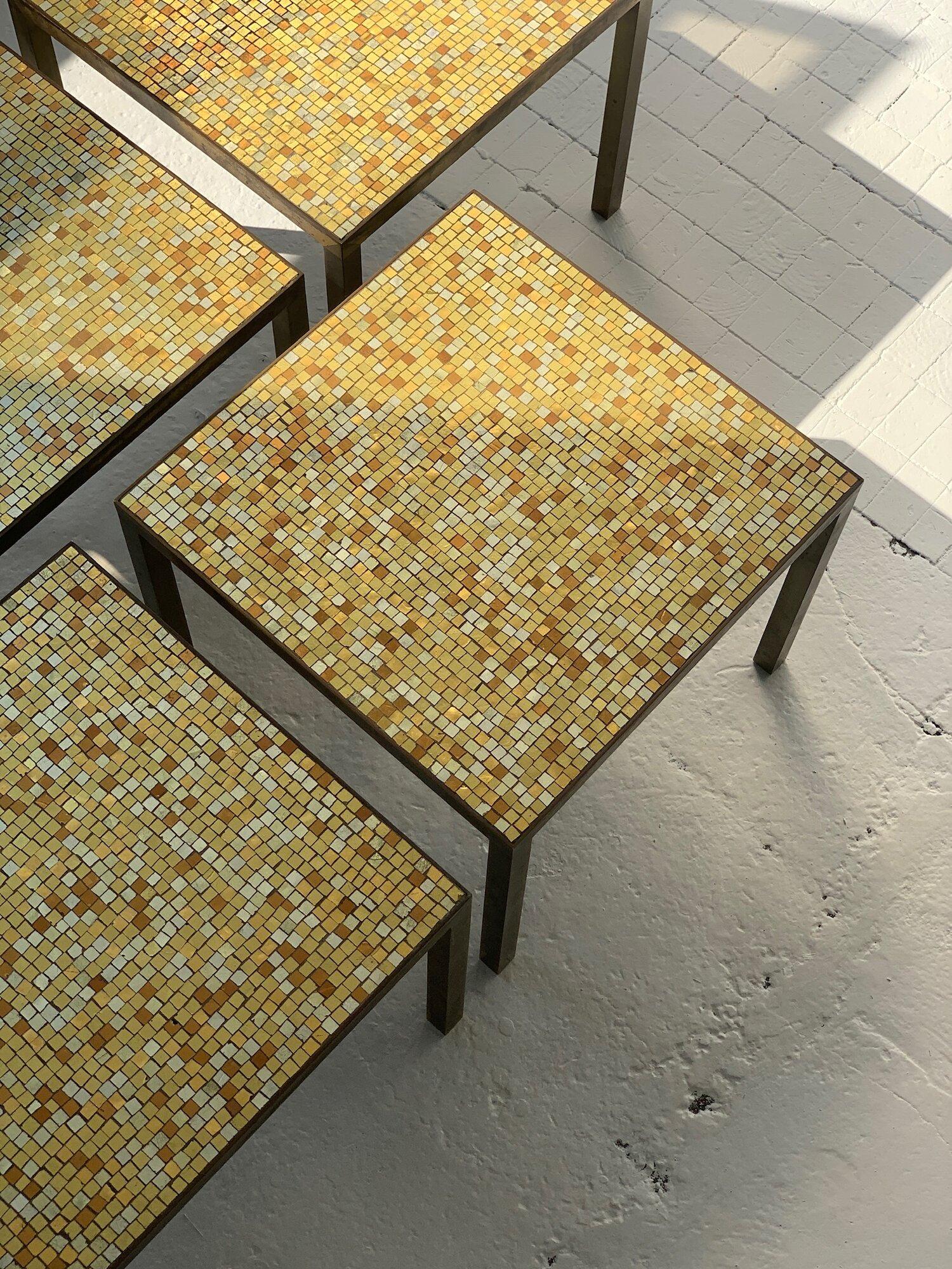 Rare Vintage Hollywood Regency Brass Frame and Glass Metallic Mosaic Tile Tables For Sale 1