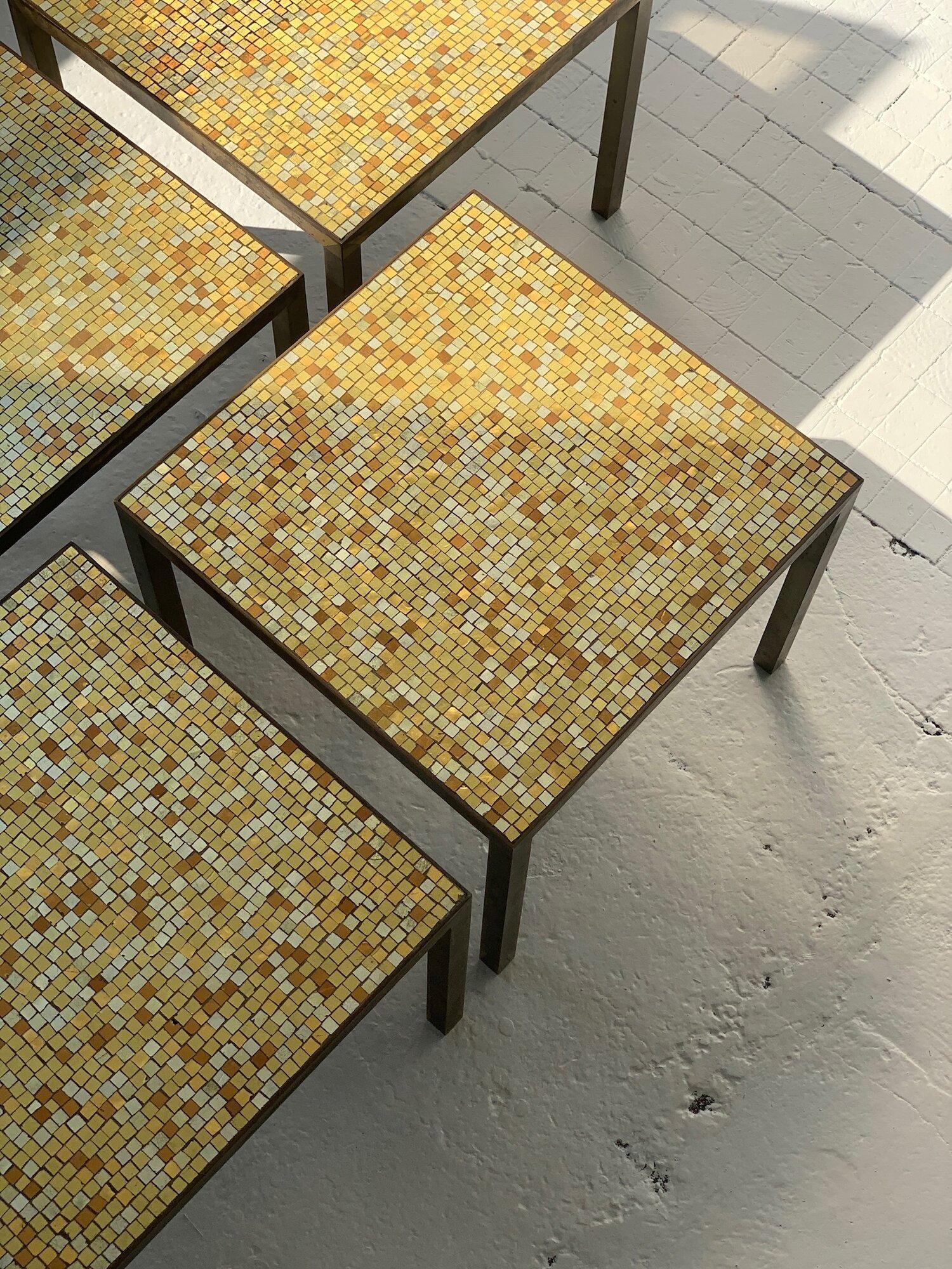 Rare Vintage Hollywood Regency Brass Frame and Glass Metallic Mosaic Tile Table For Sale 1
