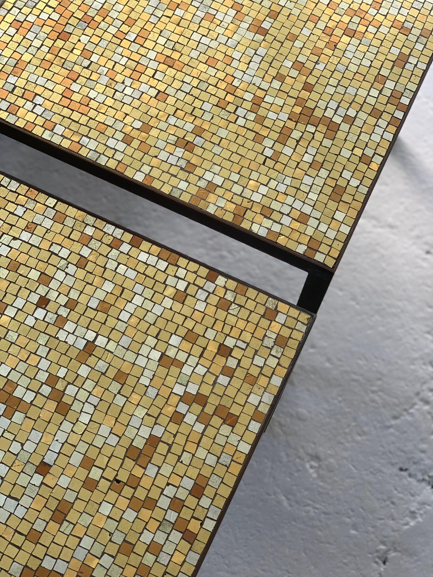 Rare Vintage Hollywood Regency Brass Frame and Glass Metallic Mosaic Tile Tables For Sale 2