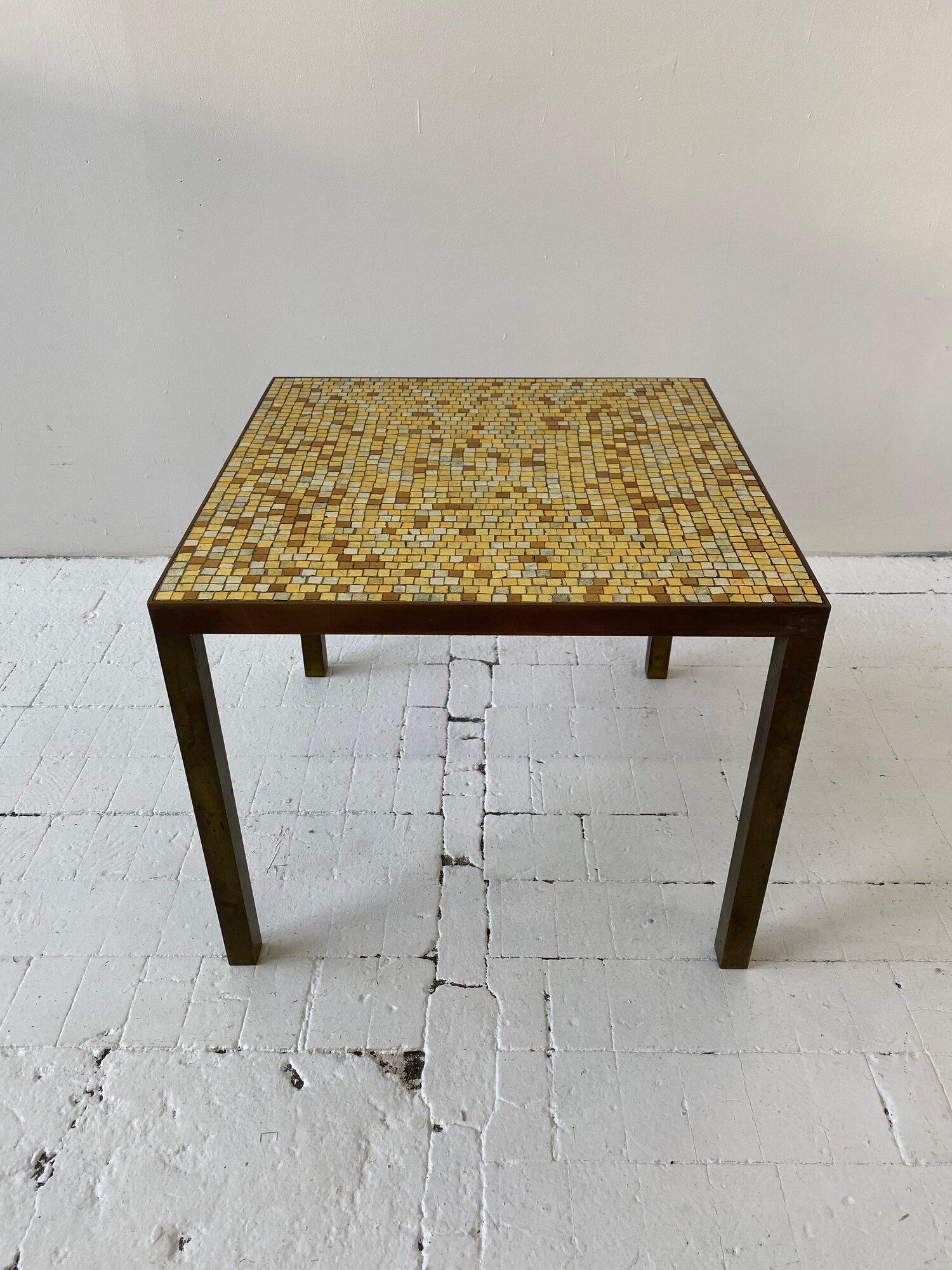 Rare Vintage Hollywood Regency Brass Frame and Glass Metallic Mosaic Tile Tables For Sale 3
