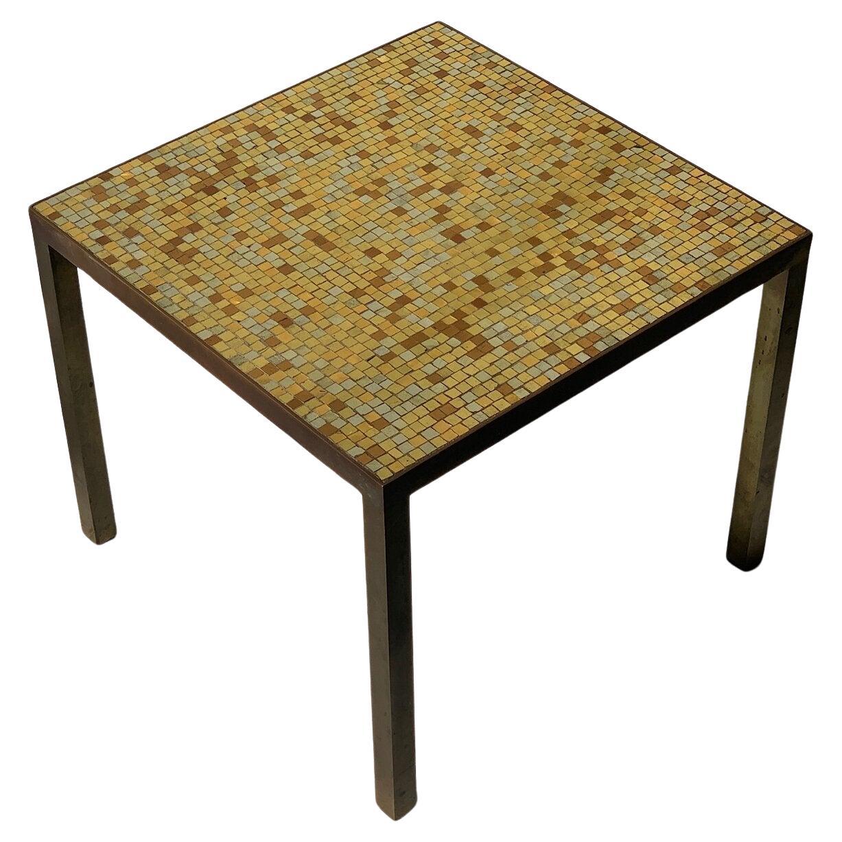 Rare Vintage Hollywood Regency Brass Frame and Glass Metallic Mosaic Tile Tables For Sale