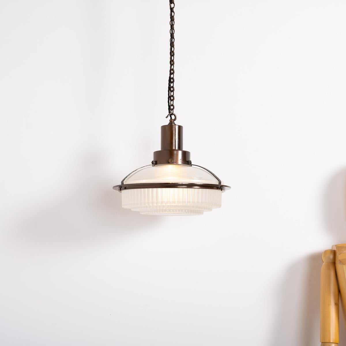 British Rare Vintage Holophane Art Deco Inspired Step Lite Prismatic Glass Pendant Light For Sale