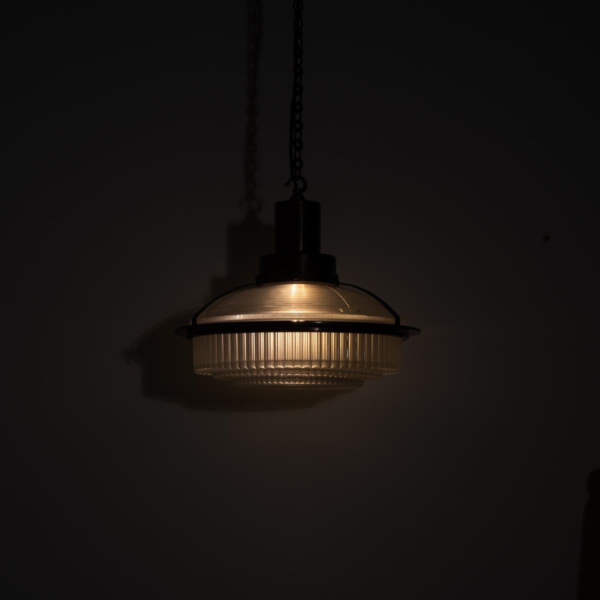 Early 20th Century Rare Vintage Holophane Art Deco Inspired Step Lite Prismatic Glass Pendant Light For Sale