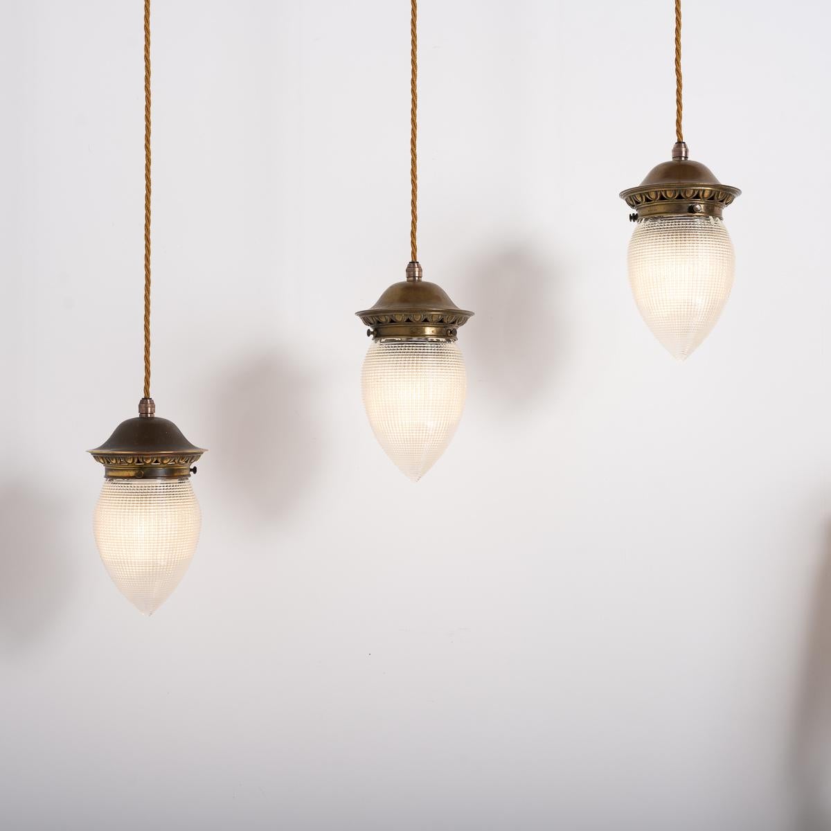 Rare Vintage Holophane Petite Prismatic Pine Glass Pendant Light Trio