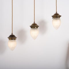 Raro trío de lámparas colgantes vintage de cristal de pino prismático holófano pequeño