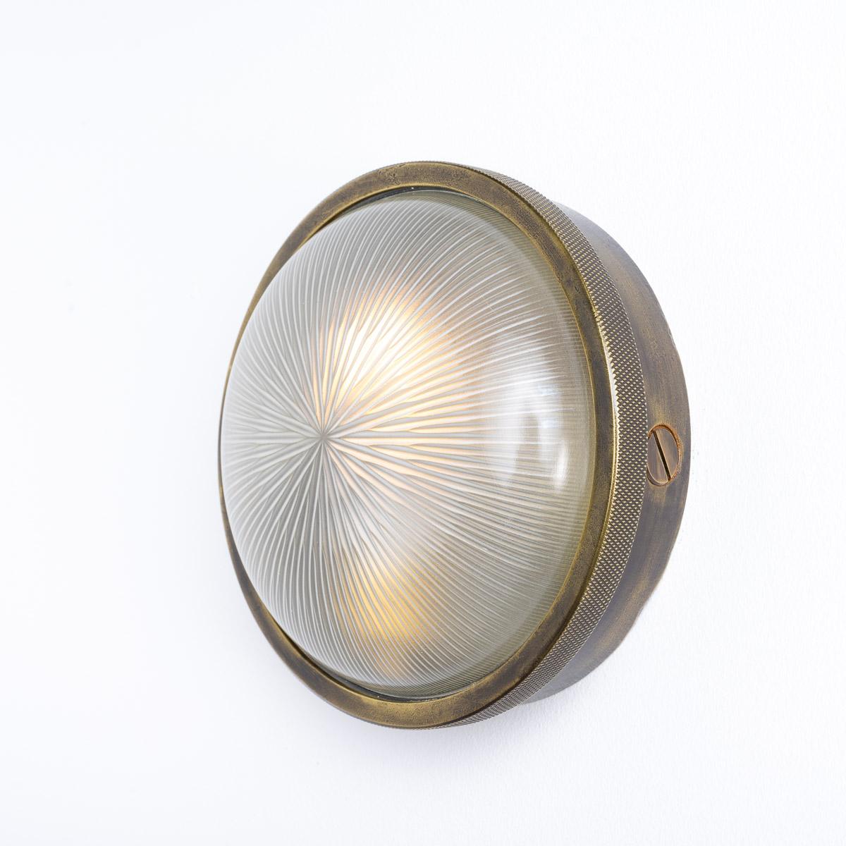 French Rare Vintage Industrial Heavy Cast Brass & Holophane Glass Flush Bulkhead Light