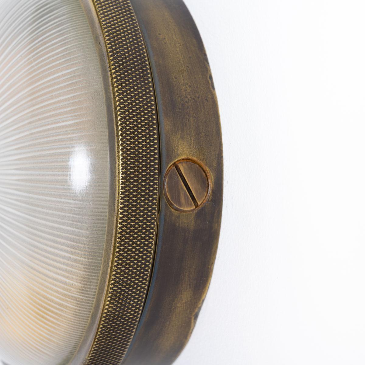 Mid-20th Century Rare Vintage Industrial Heavy Cast Brass & Holophane Glass Flush Bulkhead Light