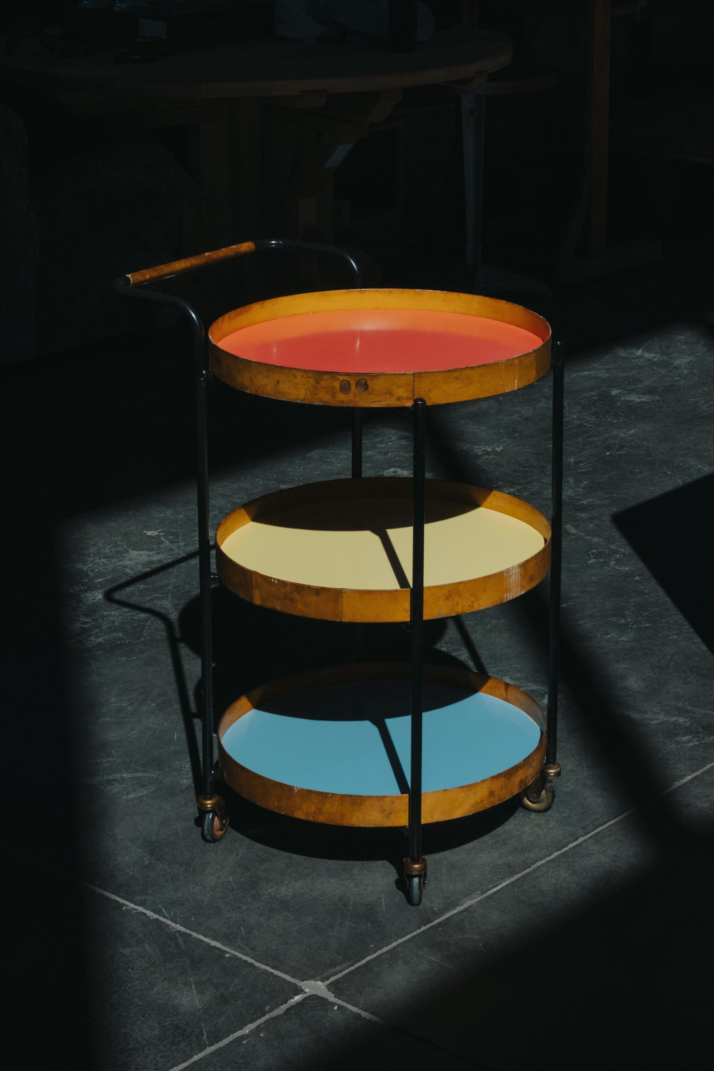 Rare Vintage Italian Bar Cart Attributed To F. Campo & Carlo Graffi, Italy 1970s.  Beautiful model.  Steel frame and colored formica shelves.