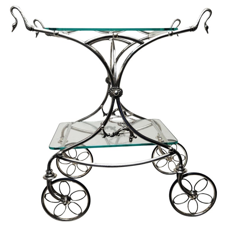 Rare Vintage Italian Solid Silver & Glass Bar Cart / Drinks Trolley c. 1950