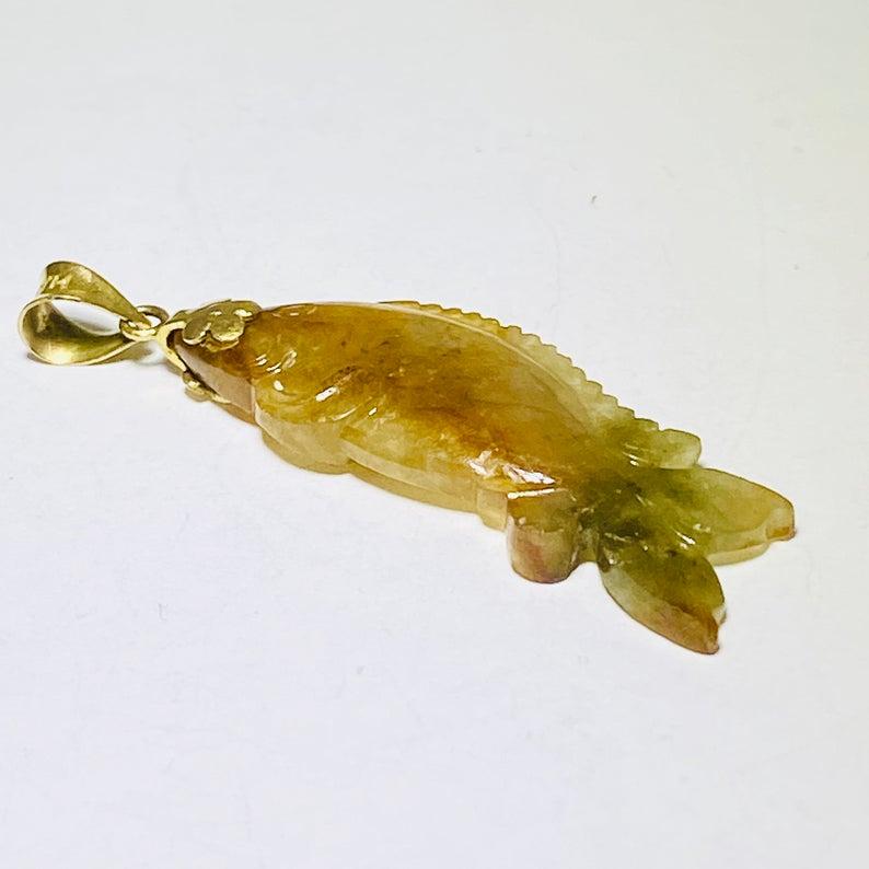 Modern Rare Vintage Jade Translucent 14 Karat Yellow Gold RARE Fish Pendant/Charm