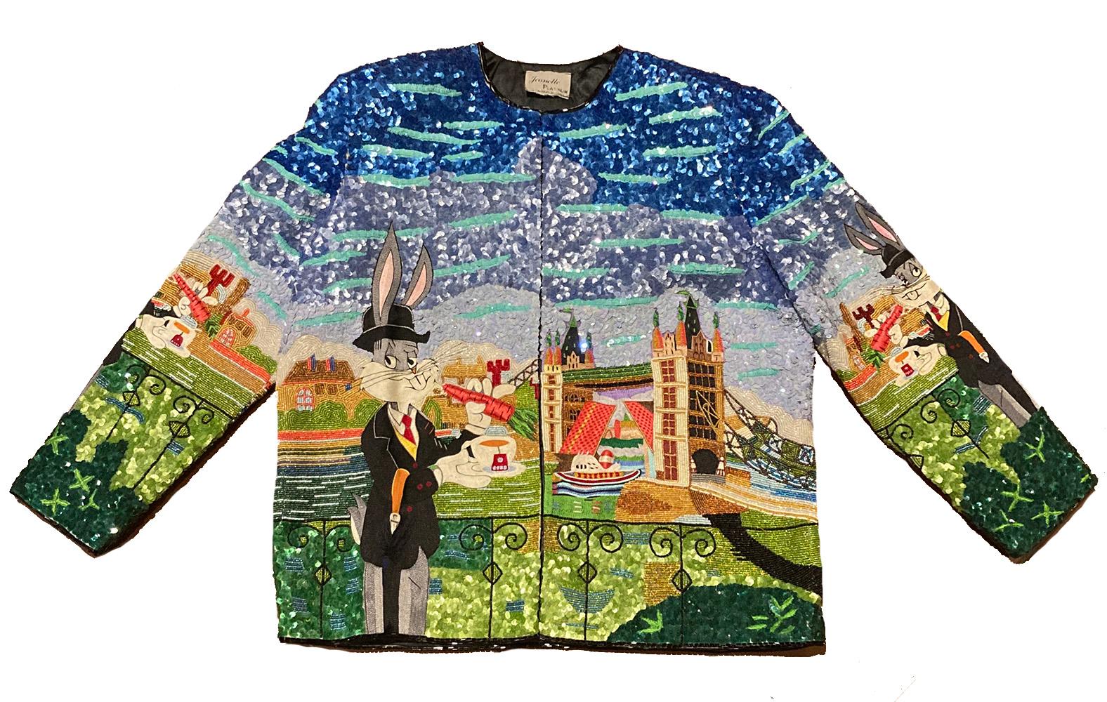 This is a one-of-a-kind find from Jeanette Kastenberg aka Jeanette Platinum. Vintage c1993 hand beaded and sequined Looney tunes bugs bunny london bridge scene. Multi colored beaded and sequined outer with embroidered Bugs Bunny standing on a