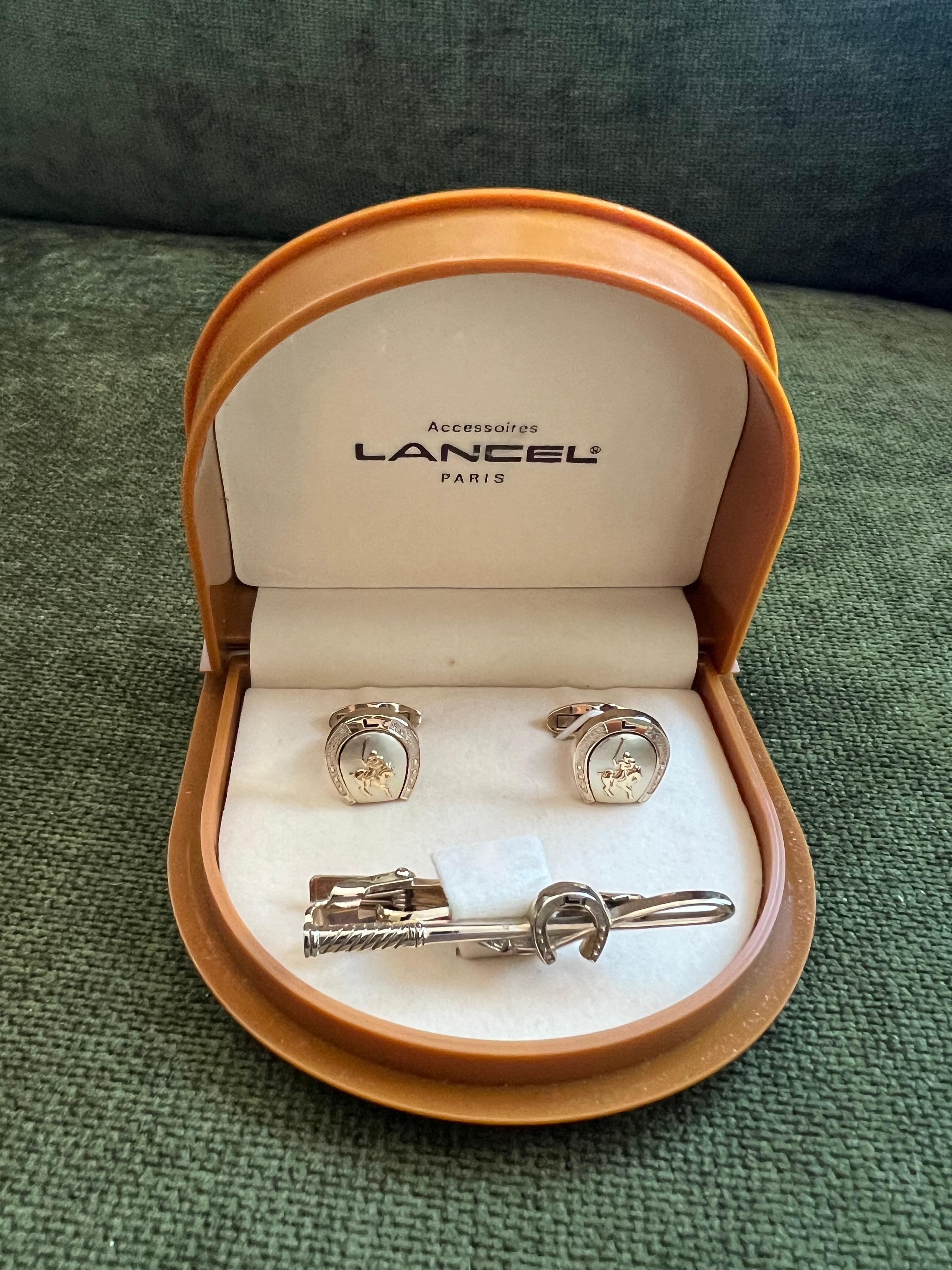 Rare Vintage “Lancel” Paris Gold Plate Steel Cufflinks & Tie Bar Original Case For Sale 5