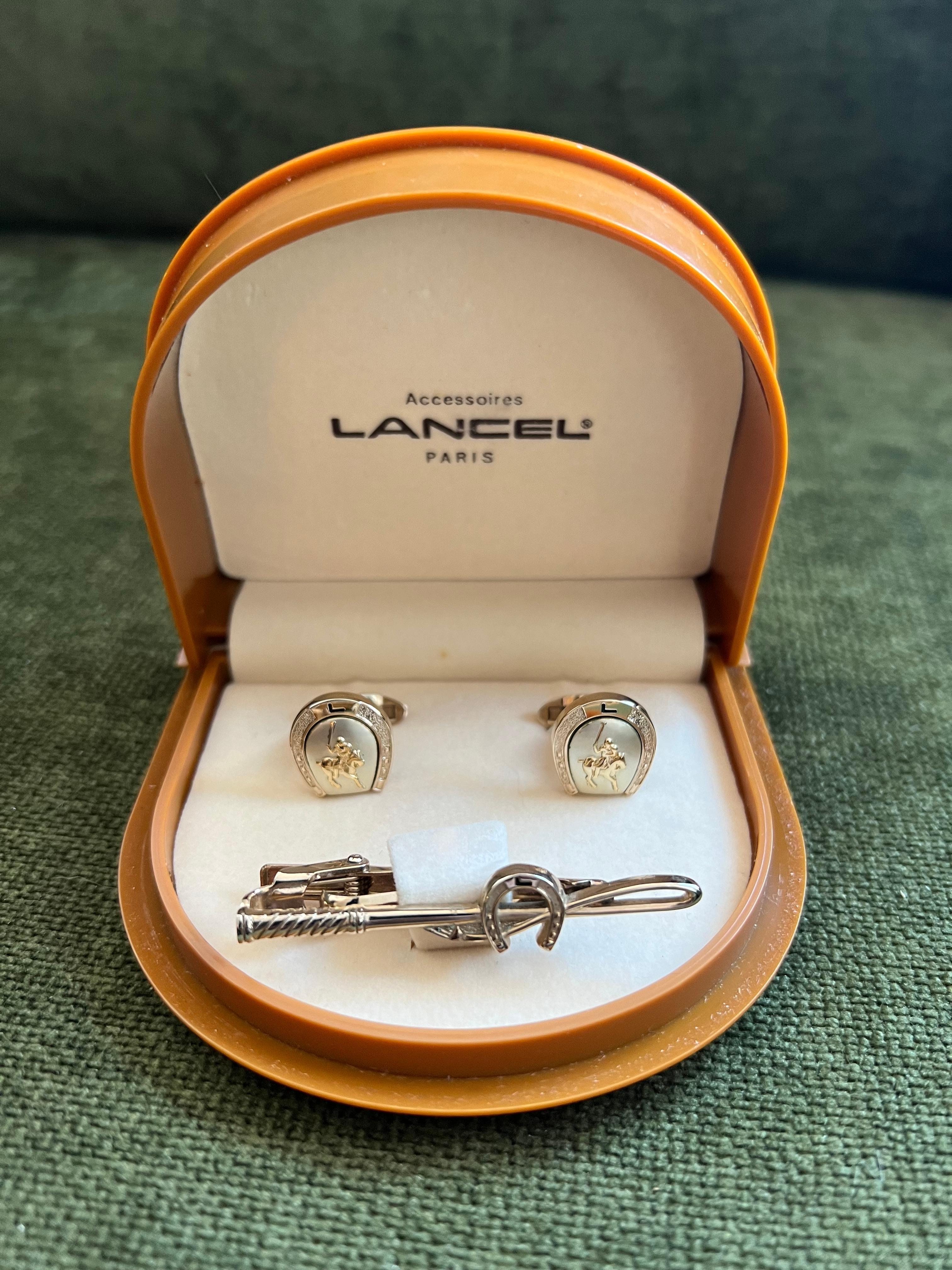 Rare Vintage “Lancel” Paris Gold Plate Steel Cufflinks & Tie Bar Original Case For Sale 6