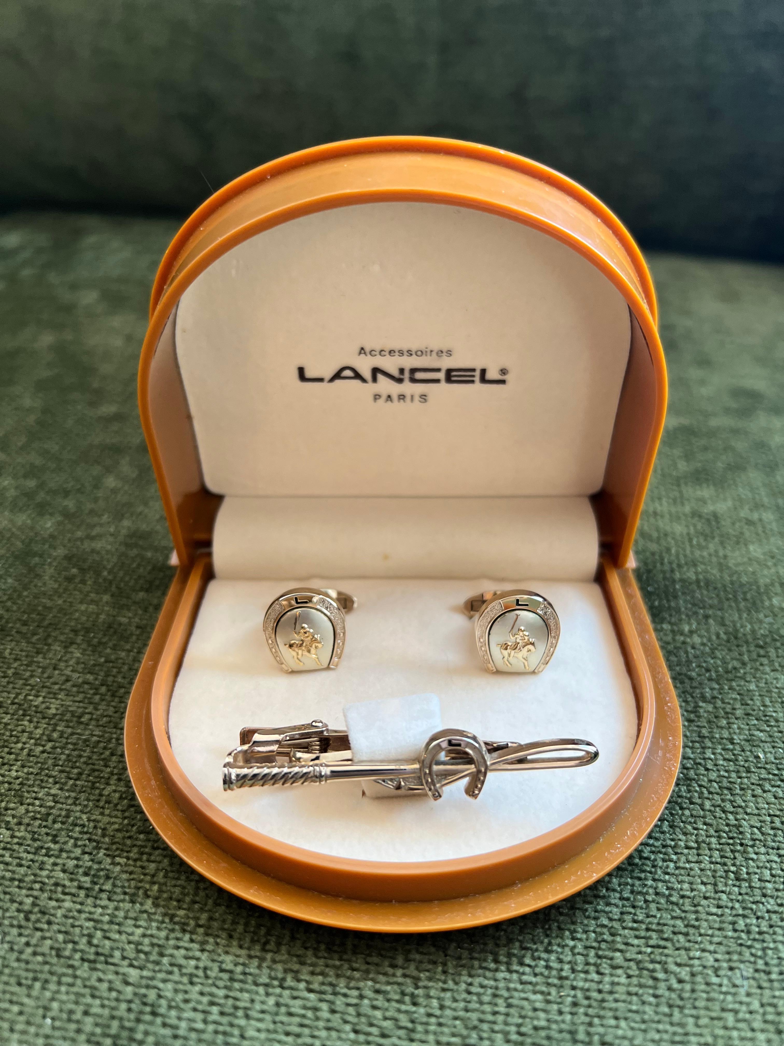 Rare Vintage “Lancel” Paris Gold Plate Steel Cufflinks & Tie Bar Original Case For Sale 7