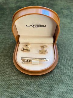 Rare Vintage “Lancel” Paris Gold Plate & Steel Cufflinks & Tie Bar Original Case