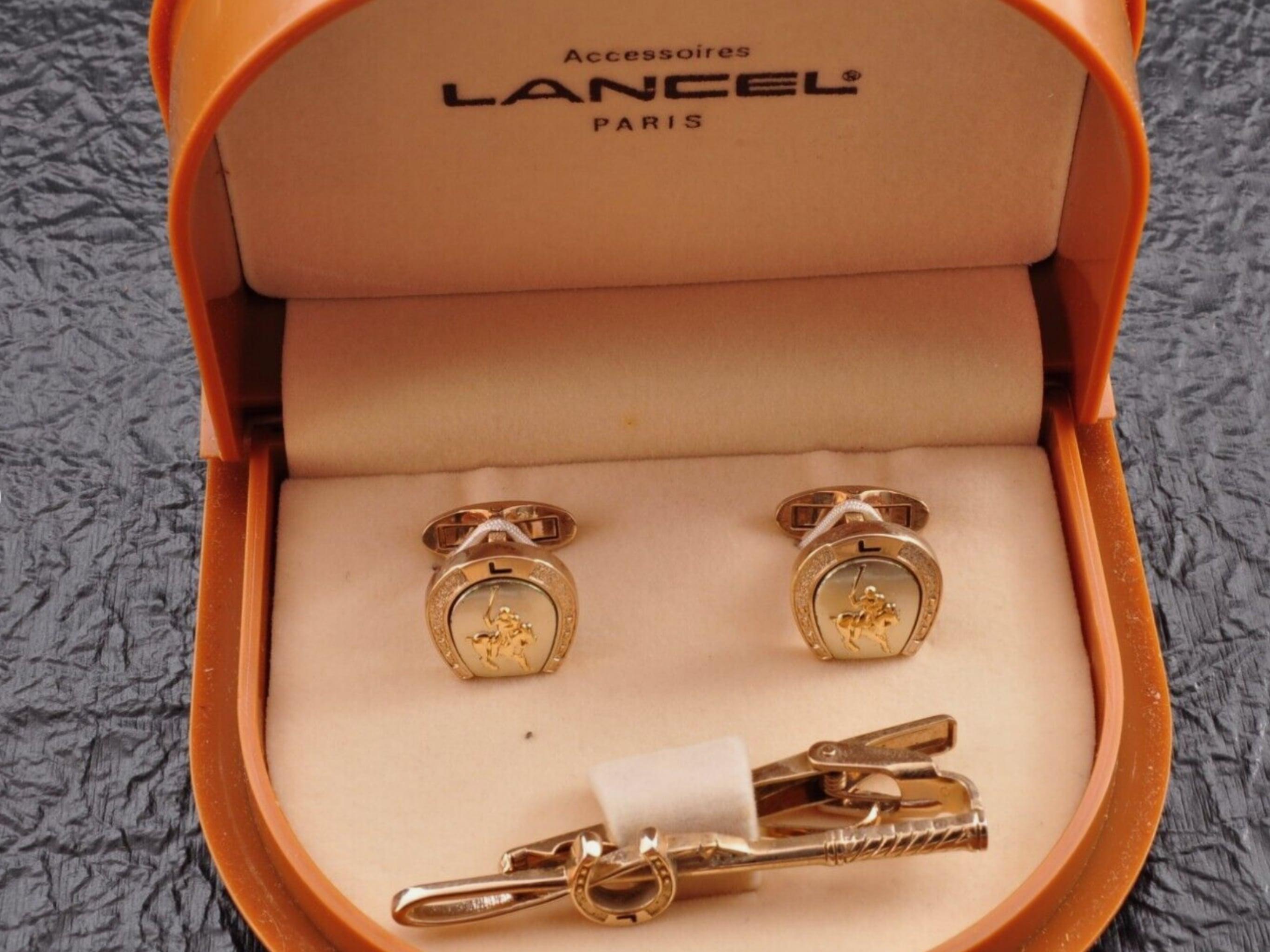 Rare Vintage “Lancel” Paris Gold Plate Steel Cufflinks & Tie Bar Original Case For Sale 2
