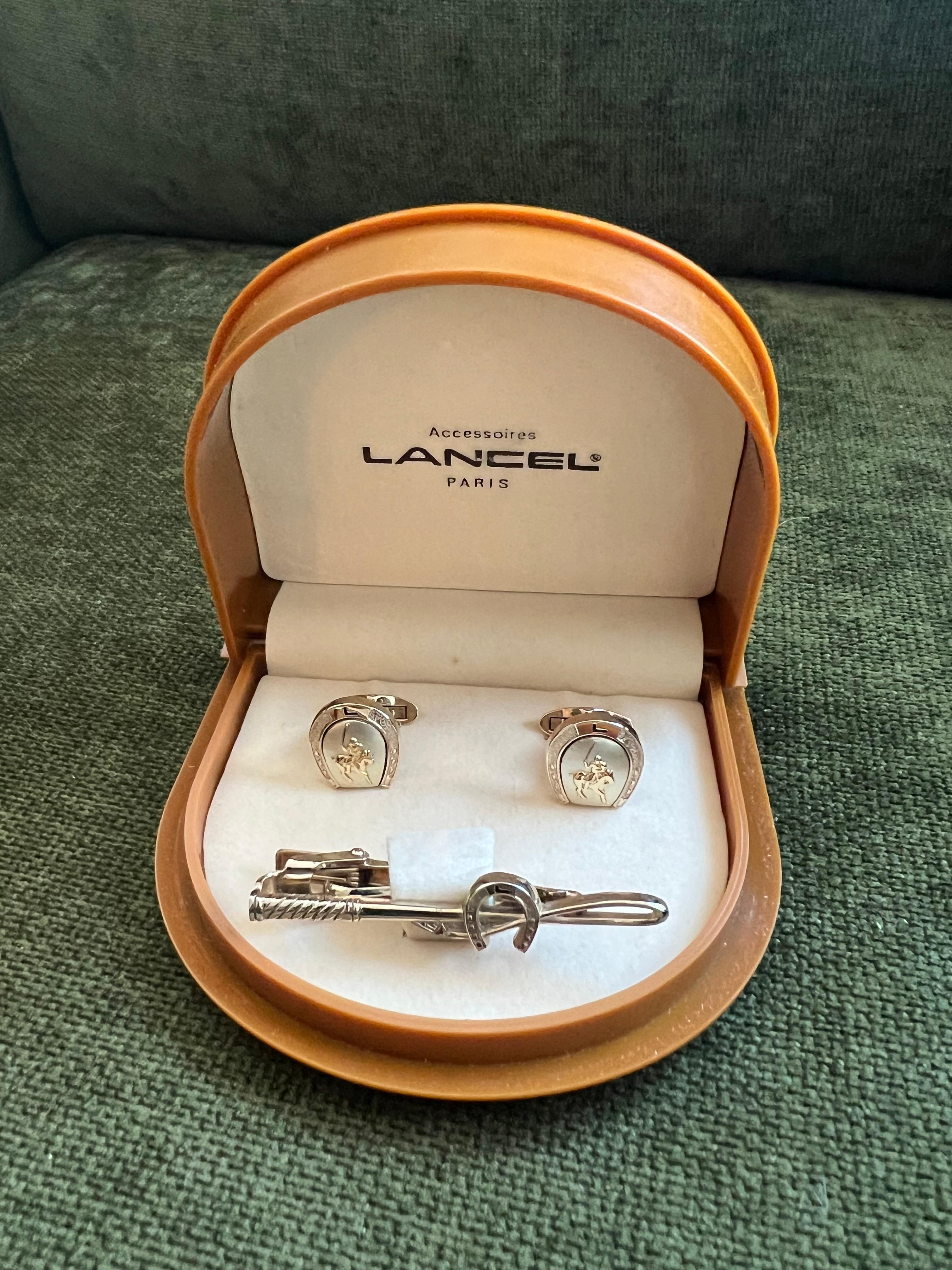 Rare Vintage “Lancel” Paris Gold Plate Steel Cufflinks & Tie Bar Original Case For Sale 4