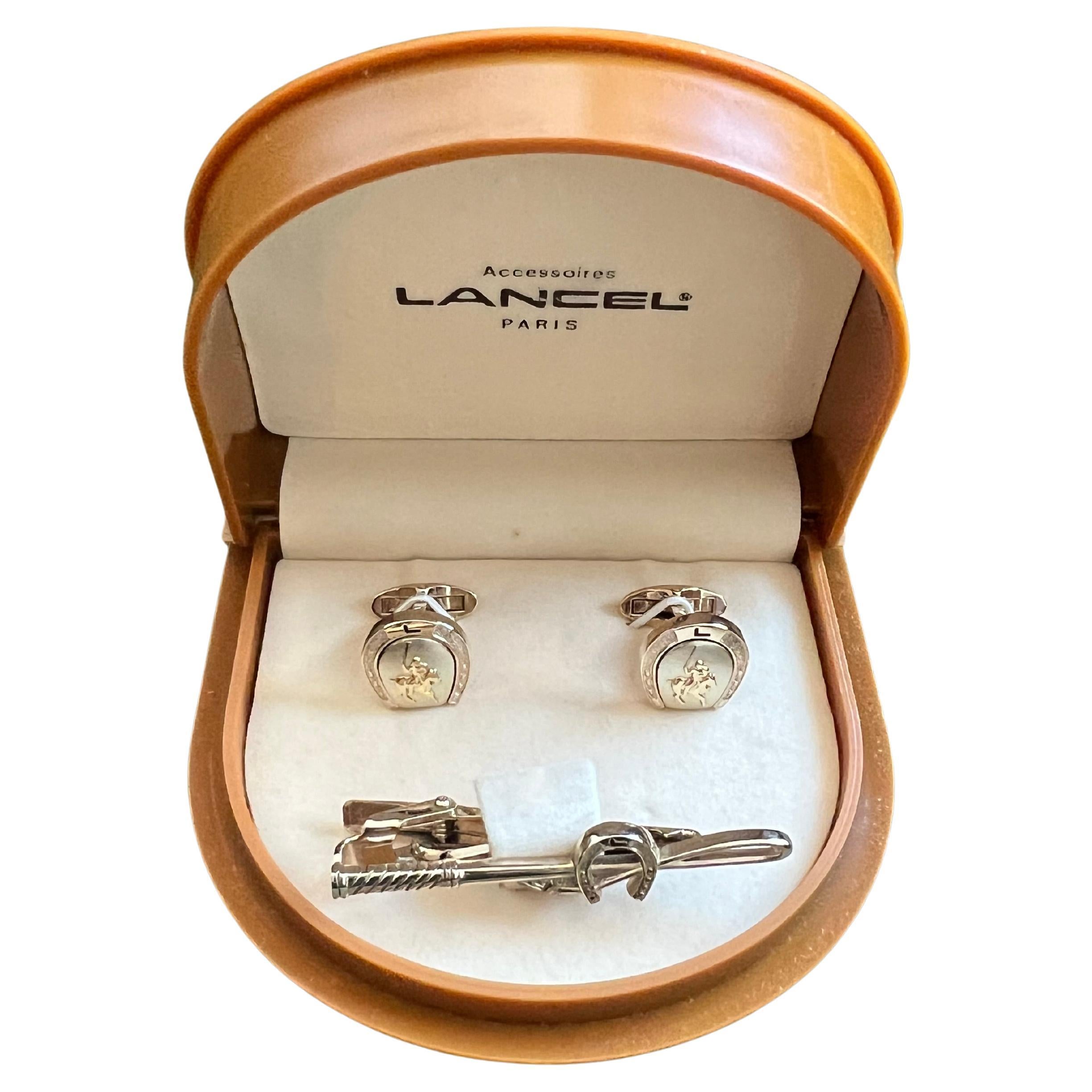 Rare Vintage “Lancel” Paris Gold Plate Steel Cufflinks & Tie Bar Original Case