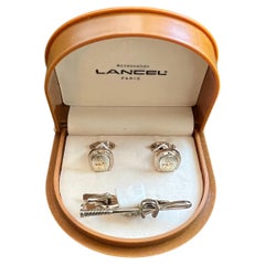 Rare Vintage “Lancel” Paris Gold Plate Steel Cufflinks & Tie Bar Original Case