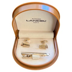 Rare Vintage “Lancel” Paris Gold Plate & Steel Cufflinks & Tie Bar Original Case