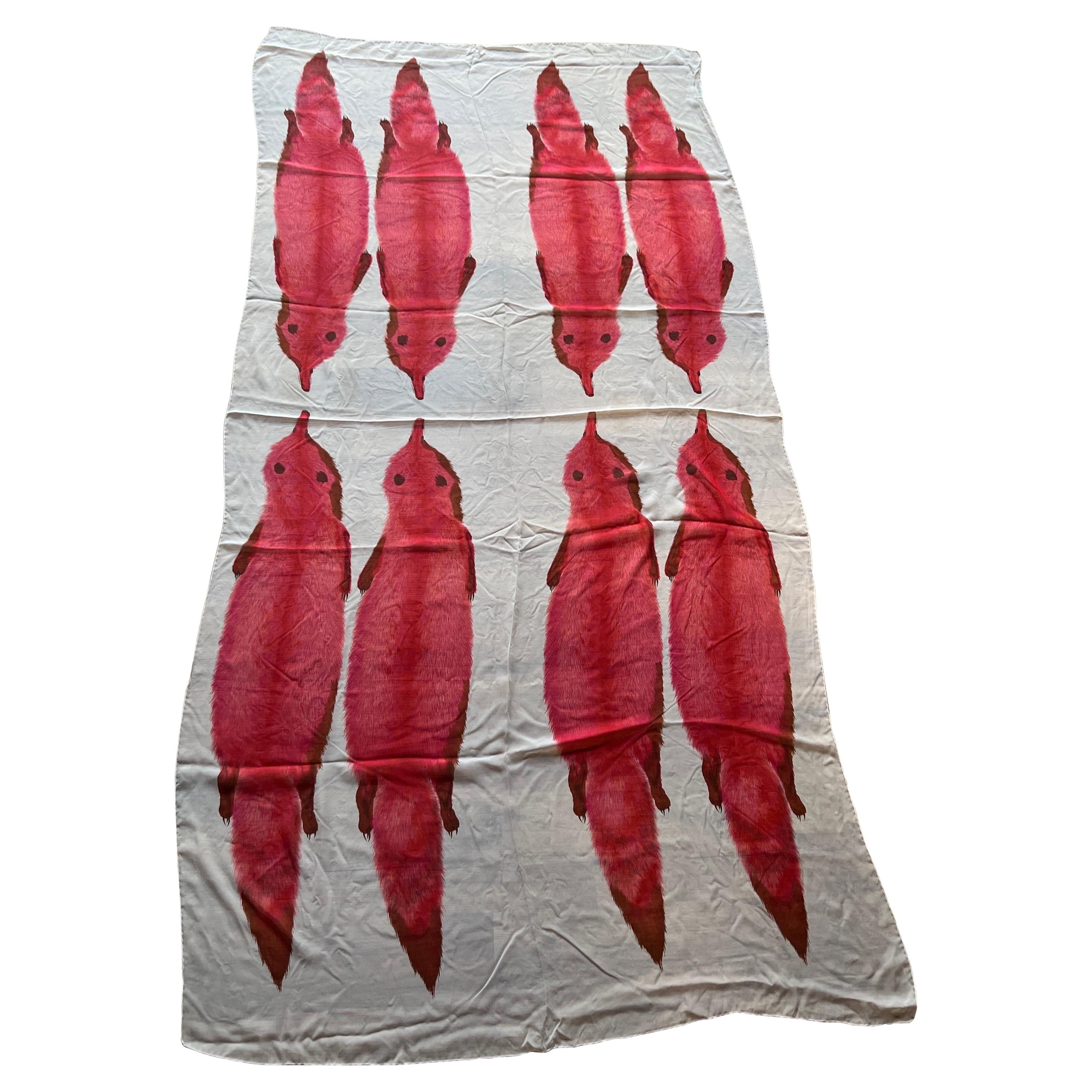 Rare Vintage Lanvin Paris Red Fox / Ferret Silk Scarf