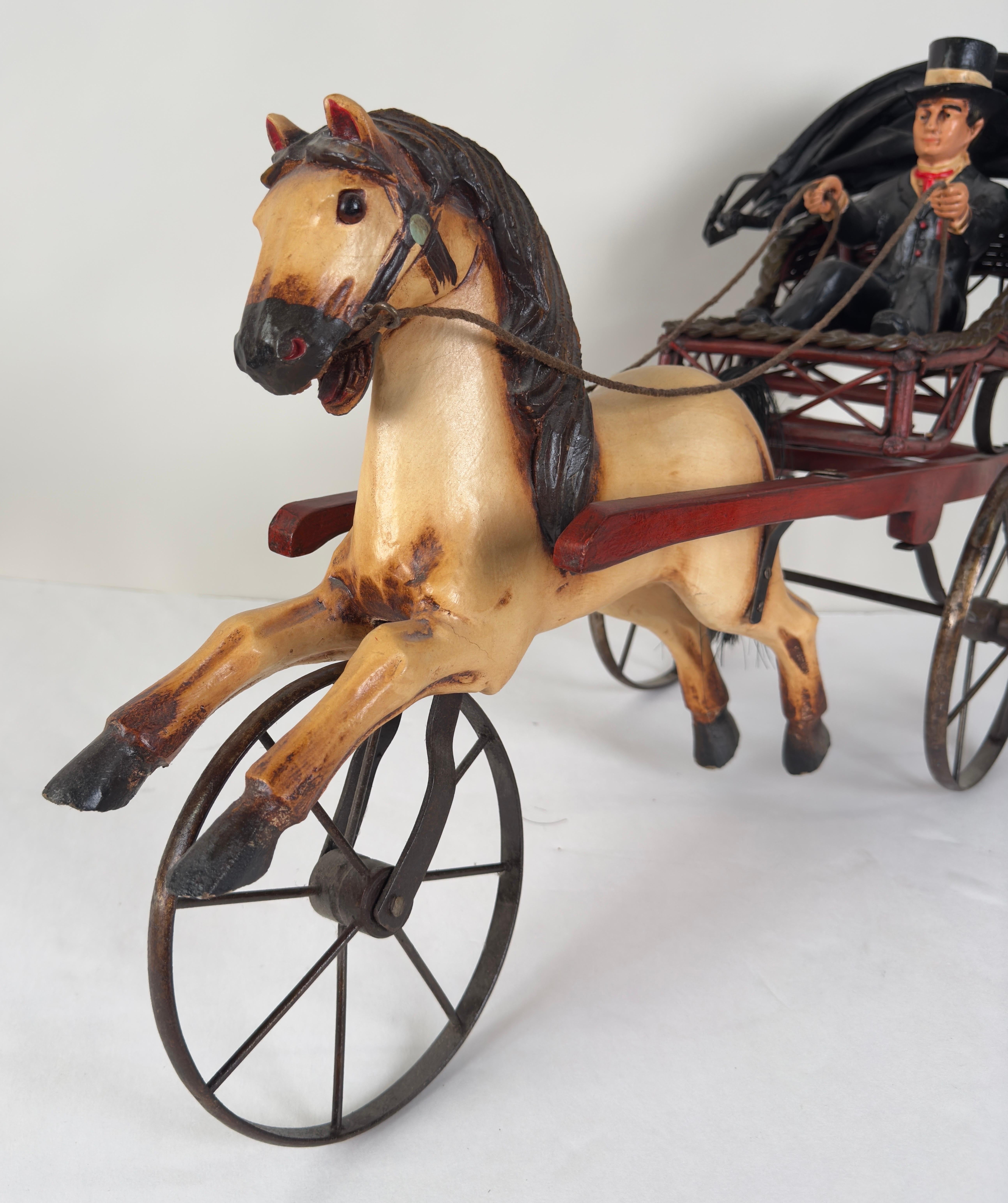 Rare Vintage Large Carved Wood Horse & Carriage with Man Jockey Sculpture 3