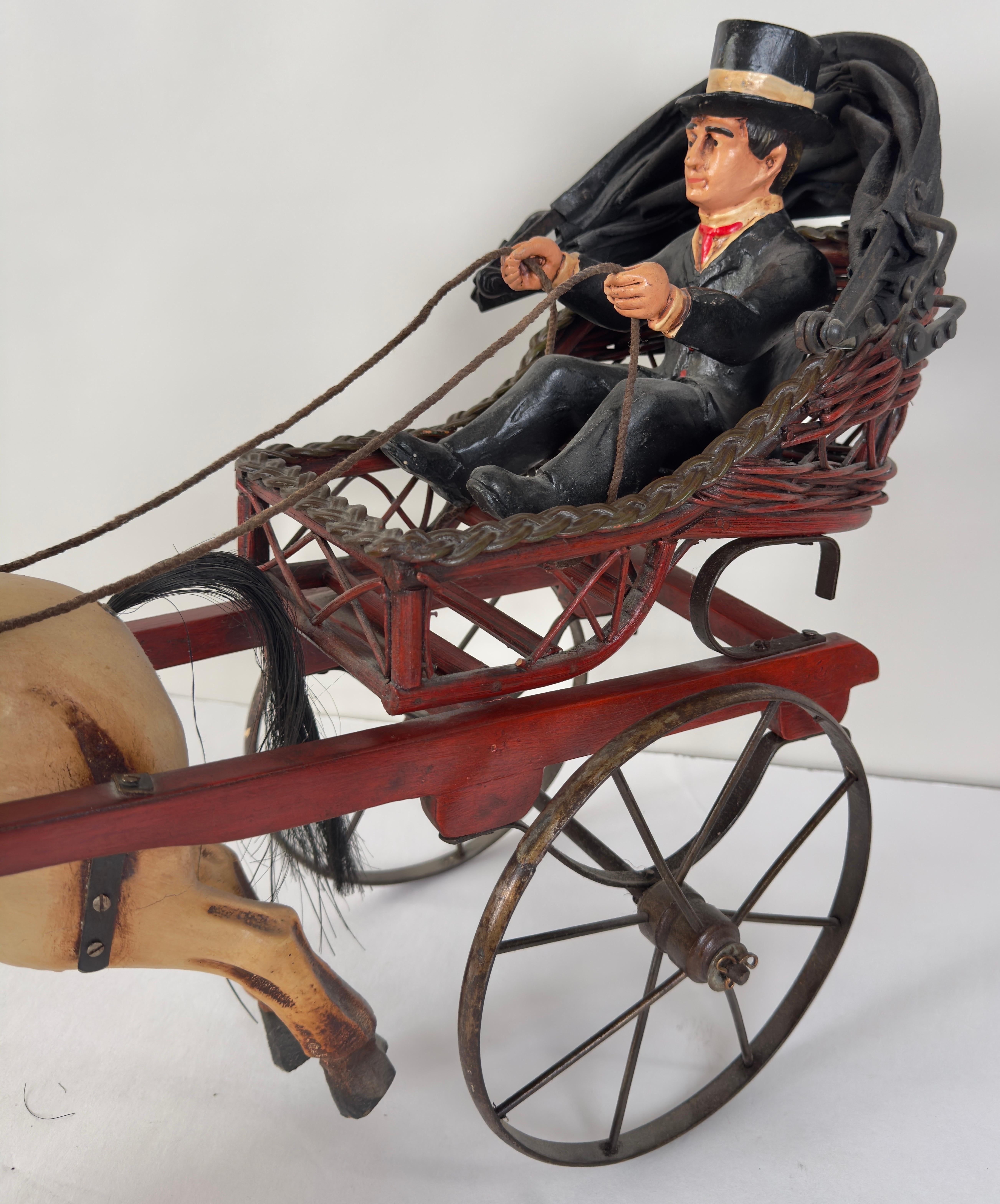 Rare Vintage Large Carved Wood Horse & Carriage with Man Jockey Sculpture 4