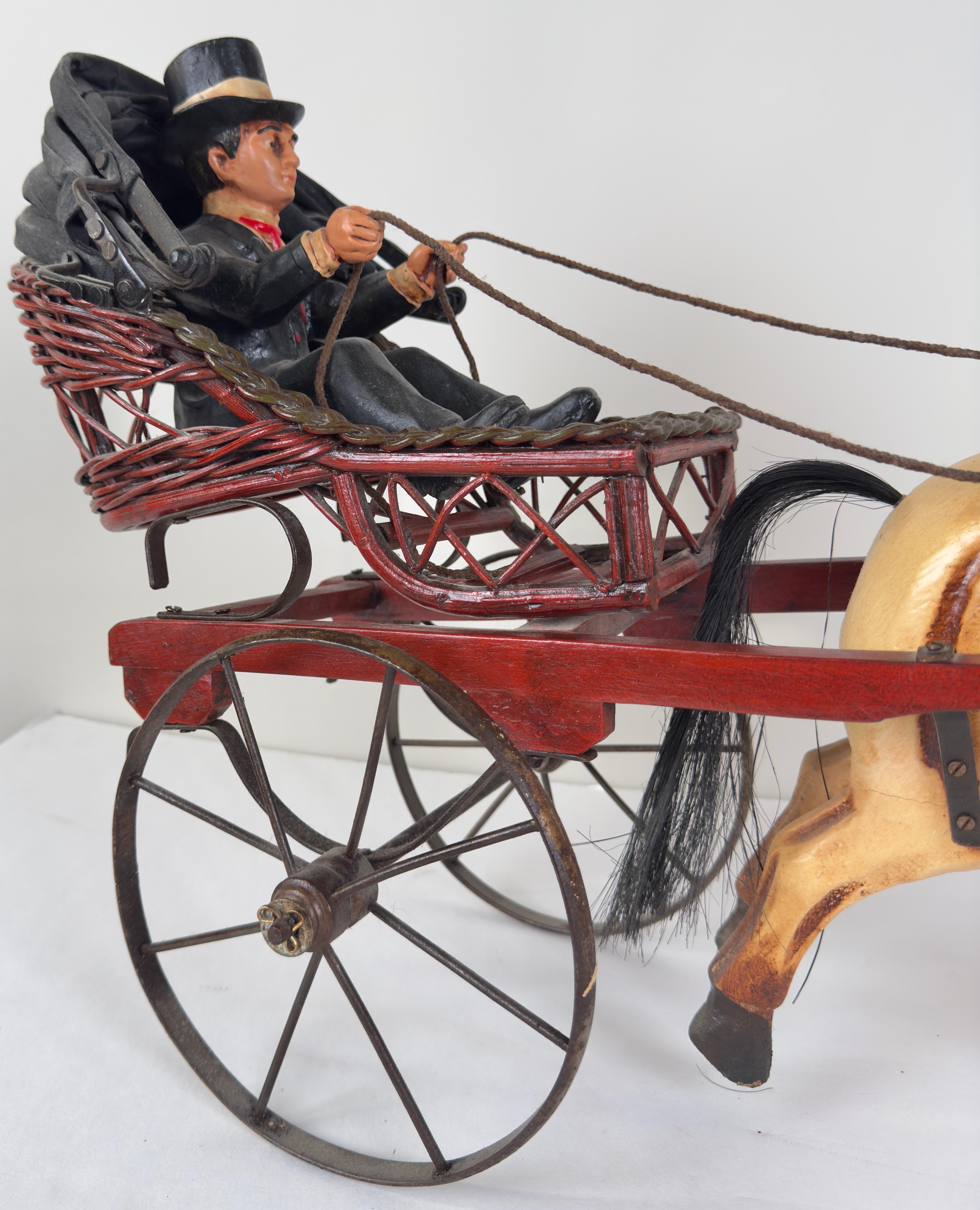 Folk Art Rare Vintage Large Carved Wood Horse & Carriage with Man Jockey Sculpture