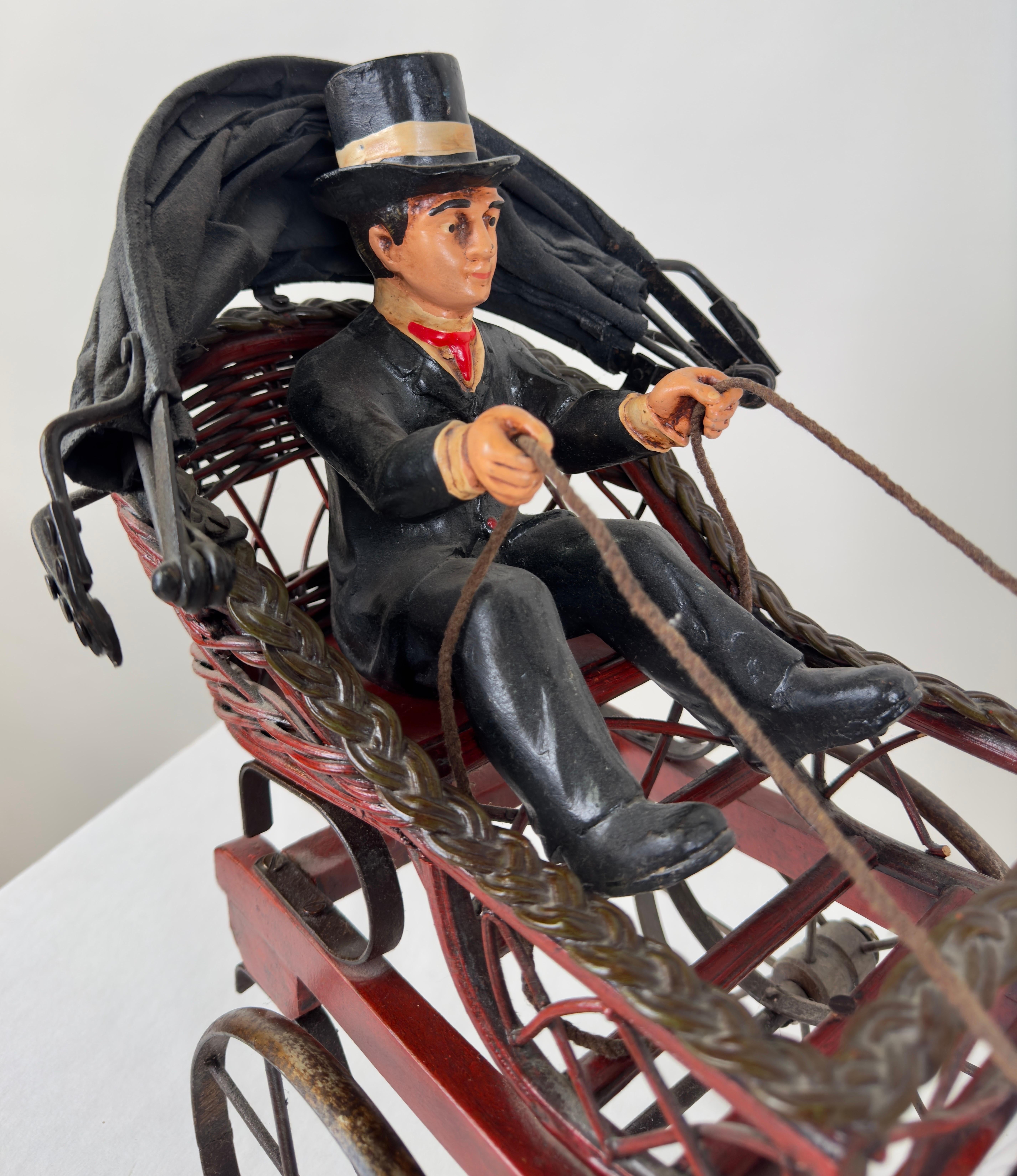 American Rare Vintage Large Carved Wood Horse & Carriage with Man Jockey Sculpture