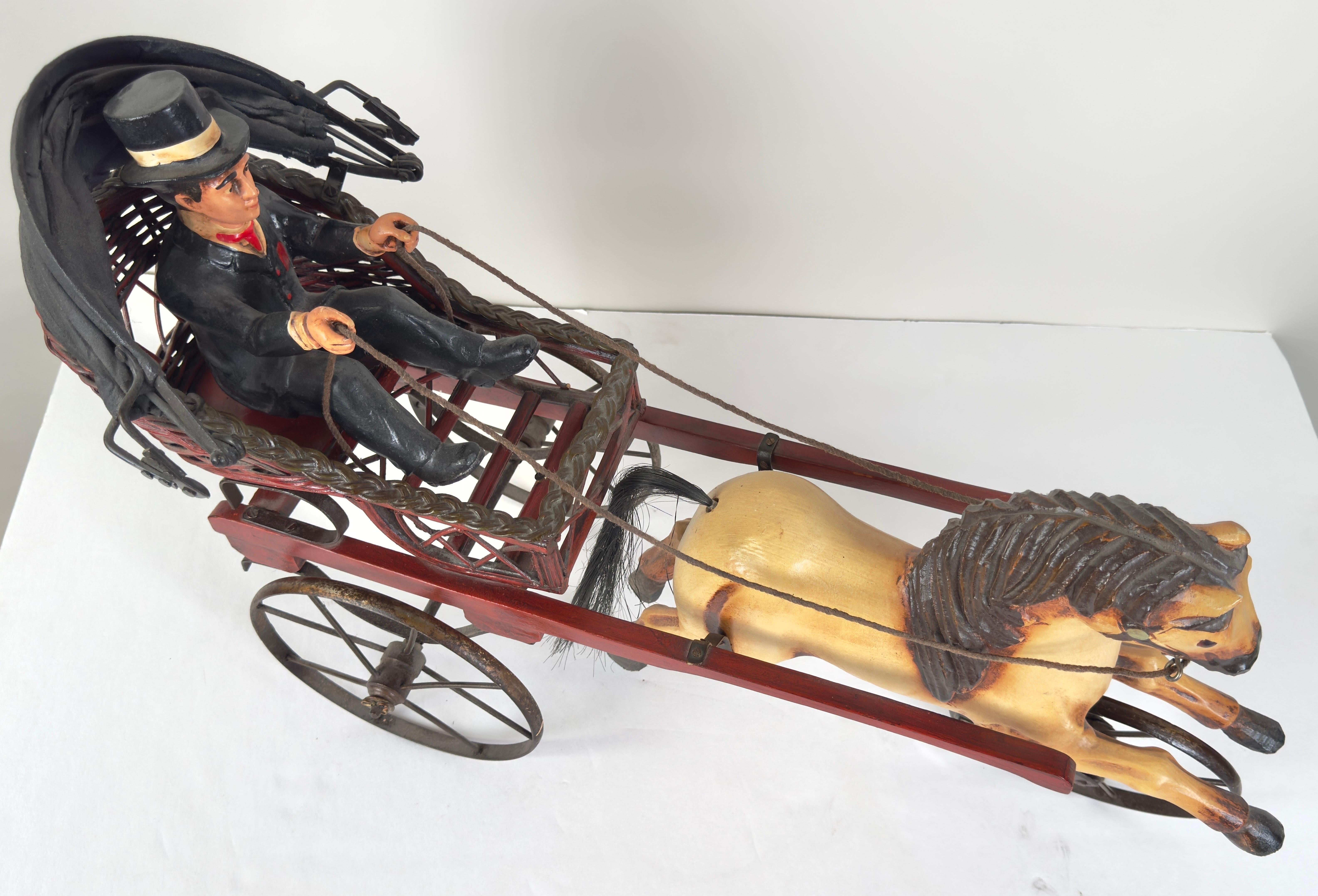 Rare Vintage Large Carved Wood Horse & Carriage with Man Jockey Sculpture In Good Condition In Plainview, NY