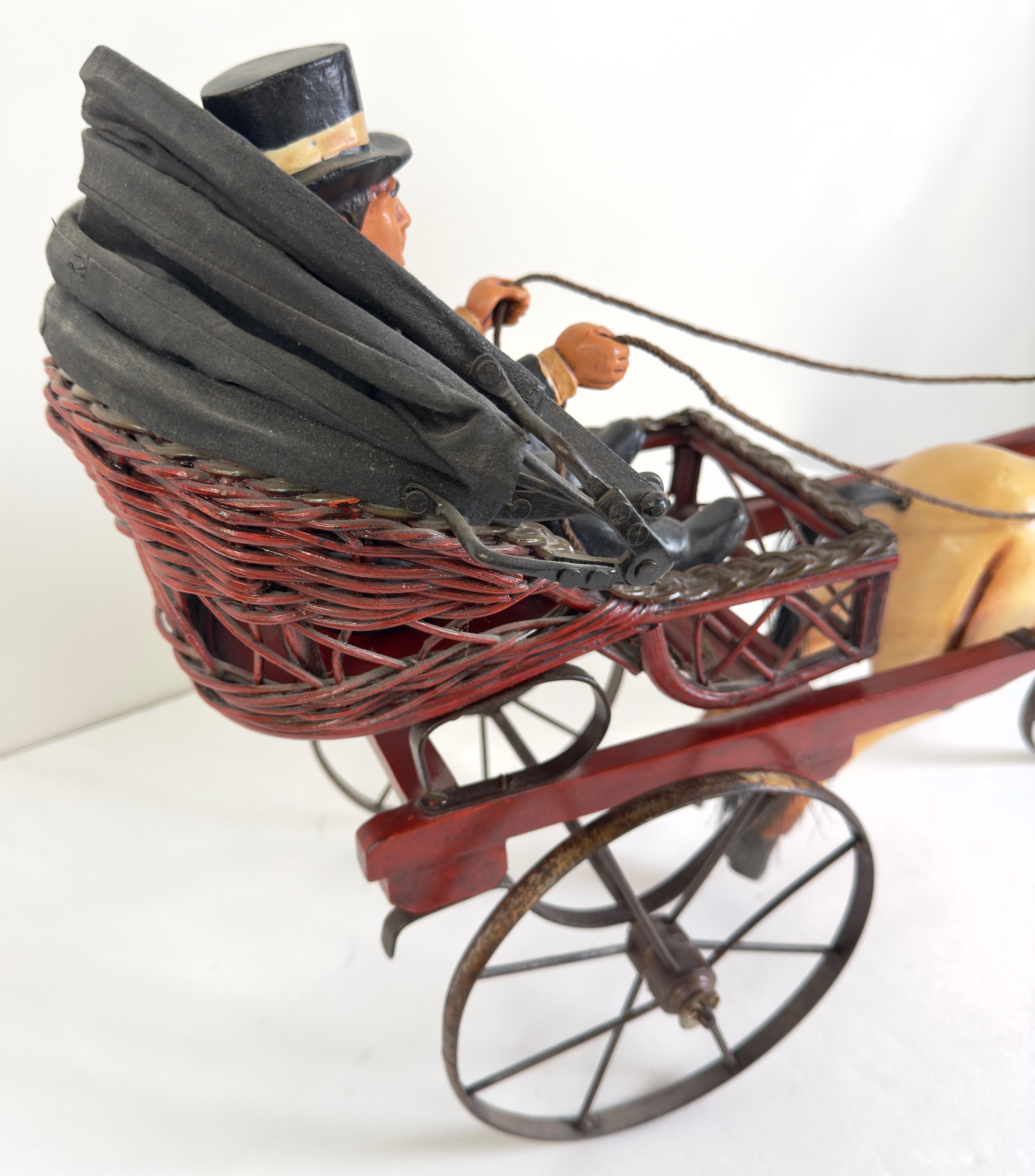 20th Century Rare Vintage Large Carved Wood Horse & Carriage with Man Jockey Sculpture