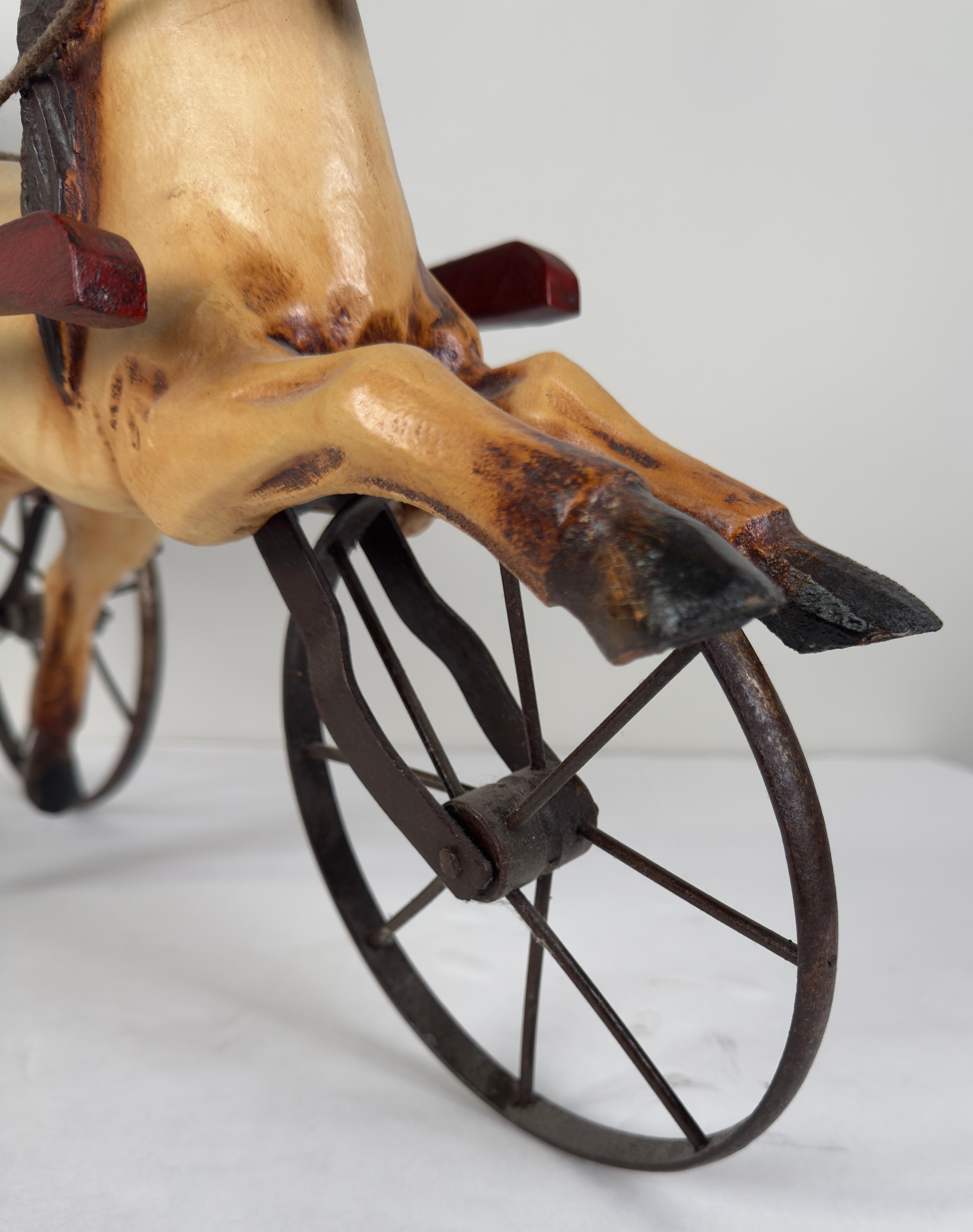 Metal Rare Vintage Large Carved Wood Horse & Carriage with Man Jockey Sculpture