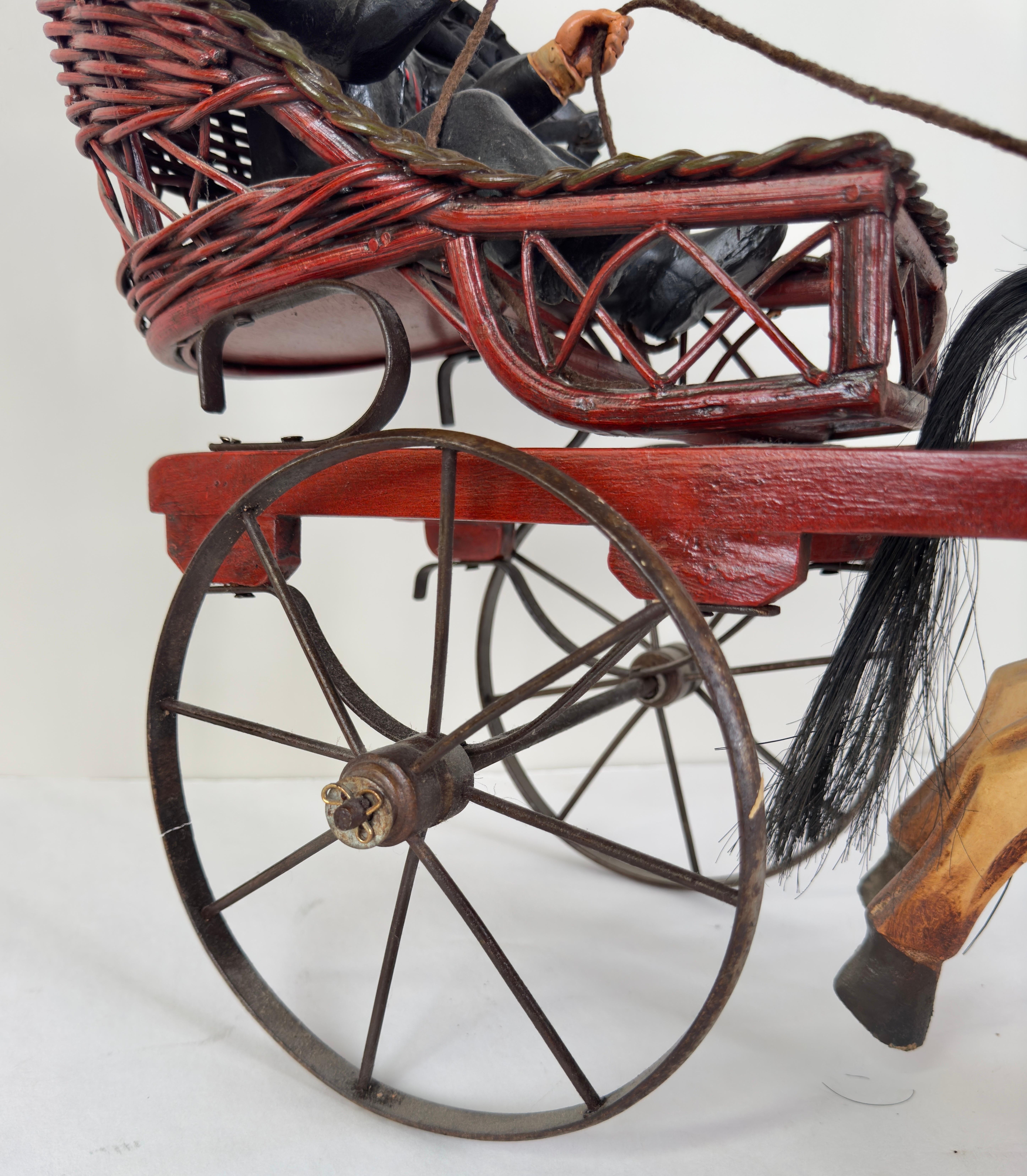 Rare Vintage Large Carved Wood Horse & Carriage with Man Jockey Sculpture 2