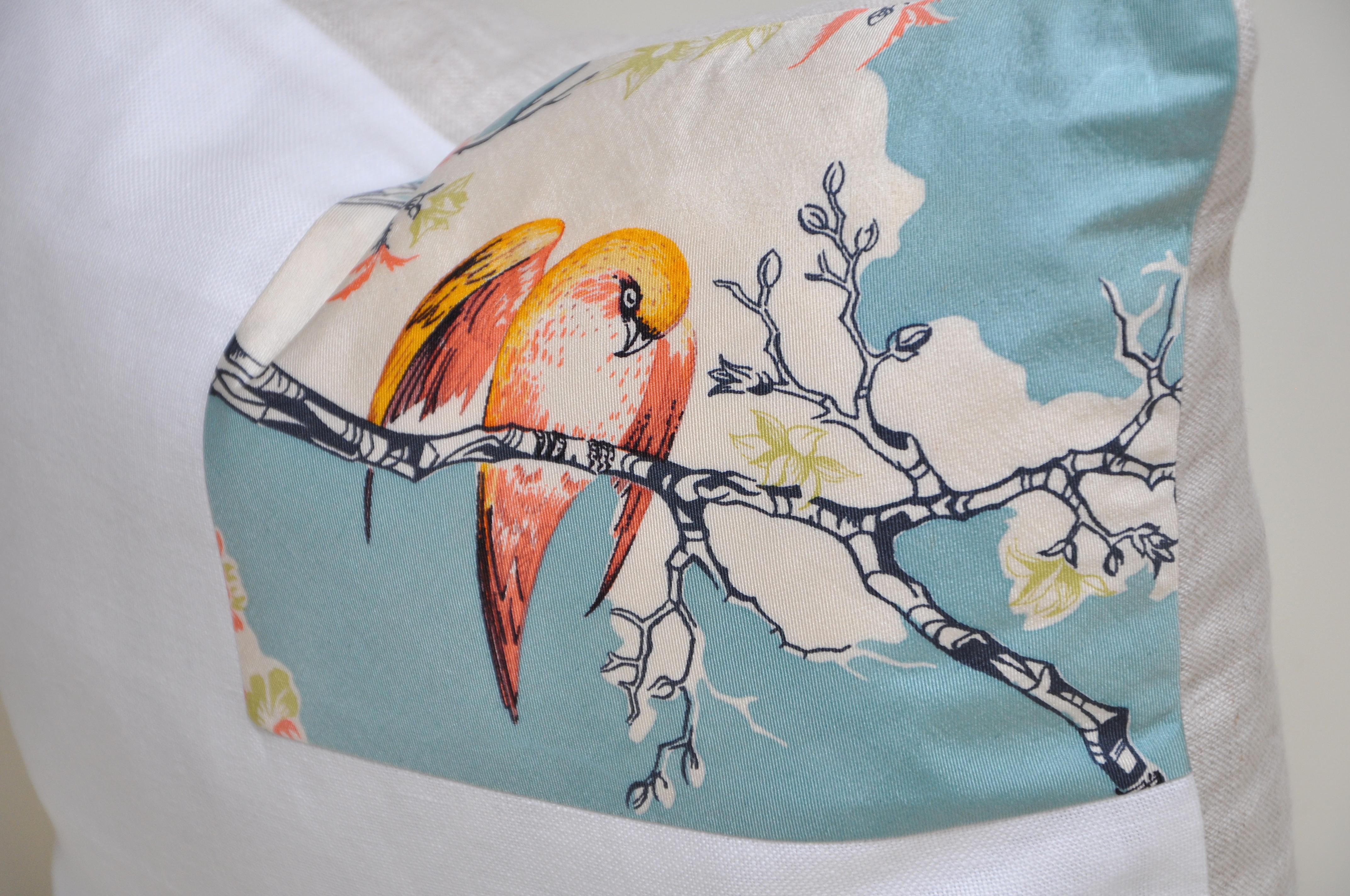 Japonisme Rare Vintage Liberty of London English Silk Pillow Irish Linen Birds Cushion For Sale
