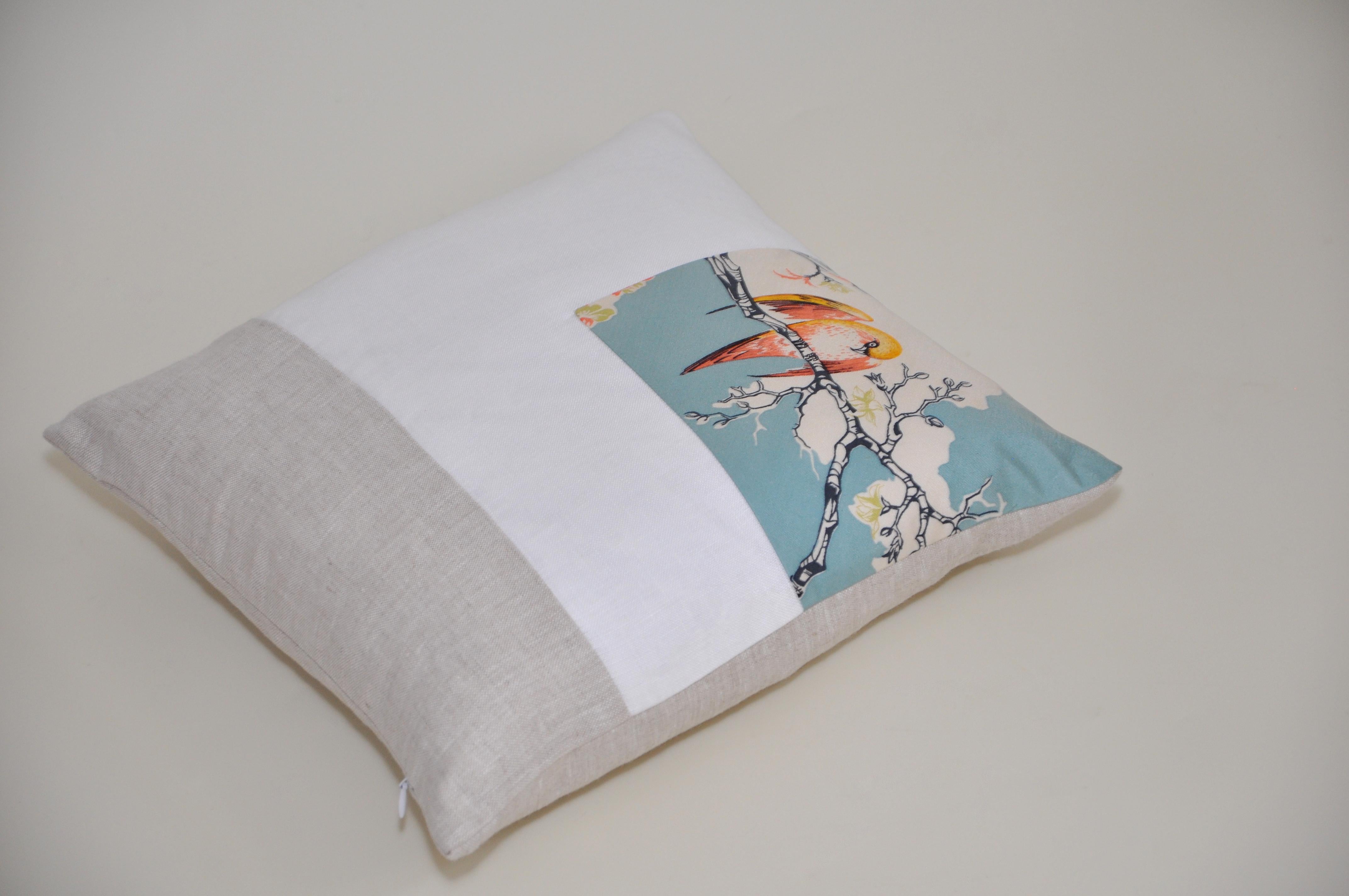 20th Century Rare Vintage Liberty of London English Silk Pillow Irish Linen Birds Cushion For Sale