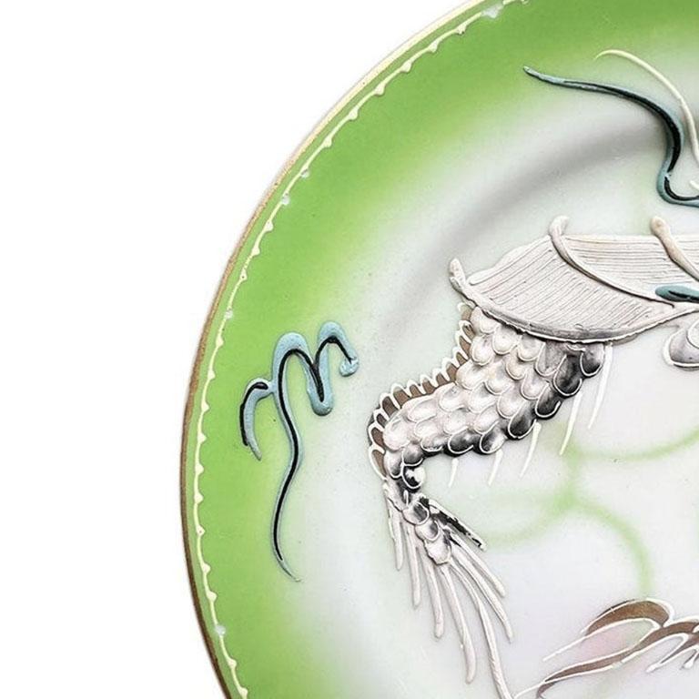 Japonisme Rare Vintage Lime Green Japanese Dragonware Moriage Ceramic Plate  For Sale
