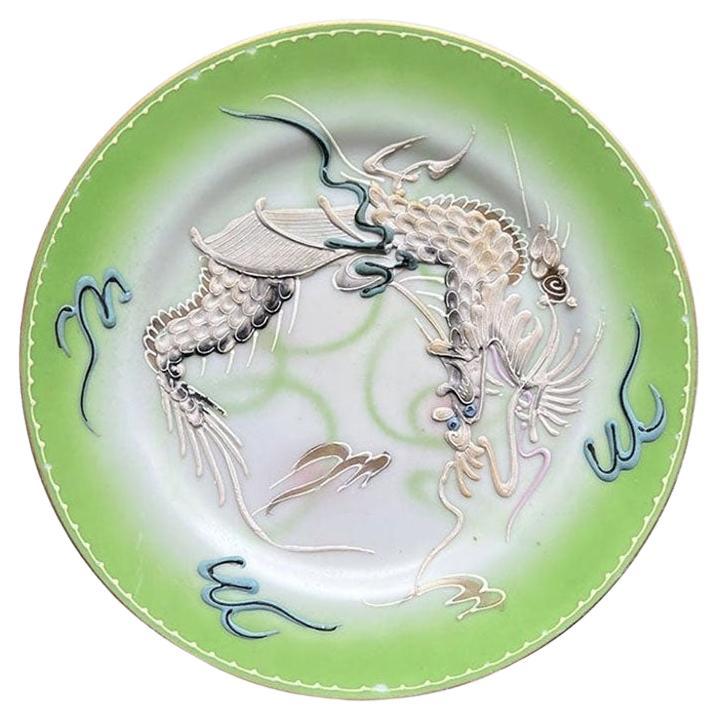 Rare Vintage Lime Green Japanese Dragonware Moriage Ceramic Plate  For Sale