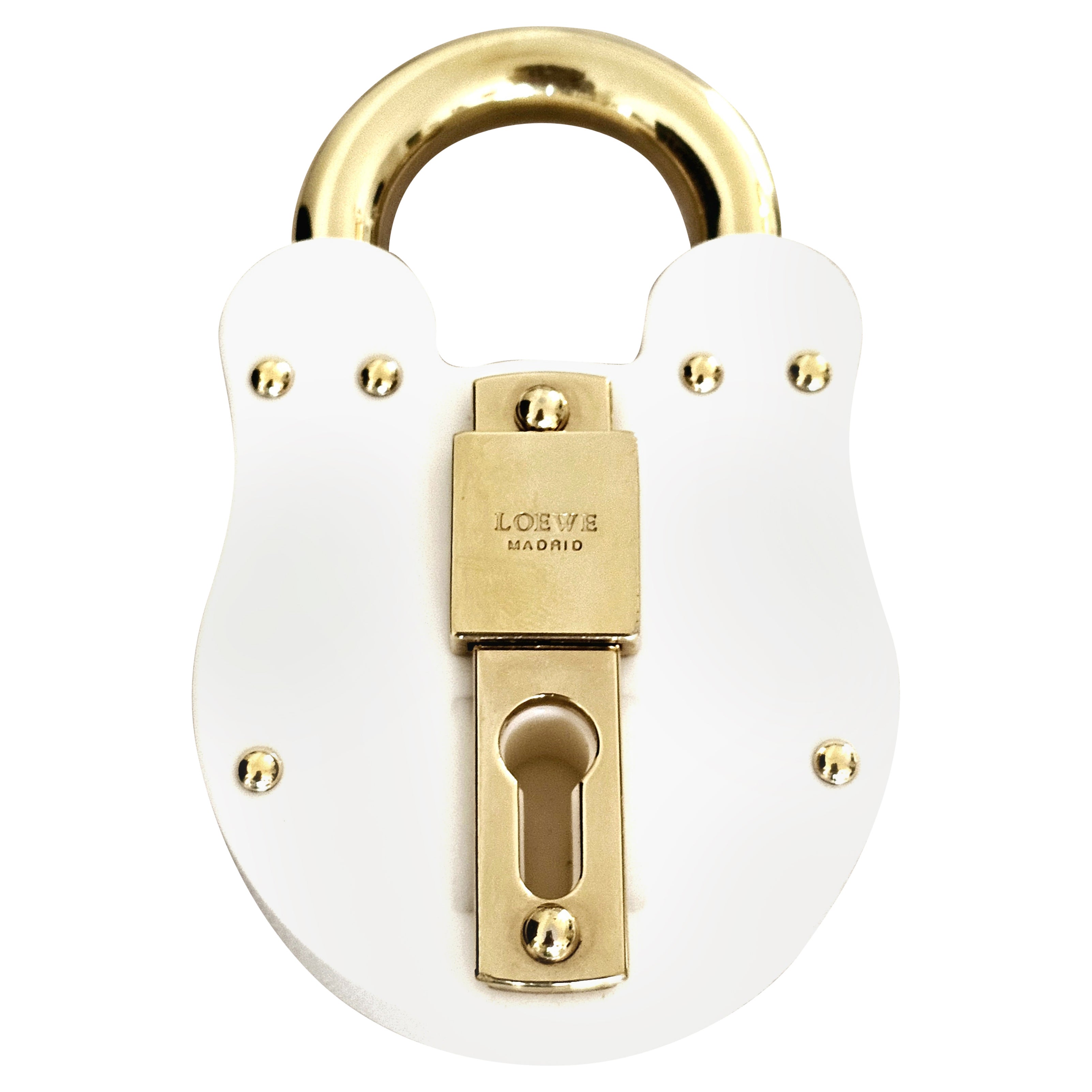 Rare Vintage Loewe 2007 White Resin and Gold Padlock Bag Charm For Sale
