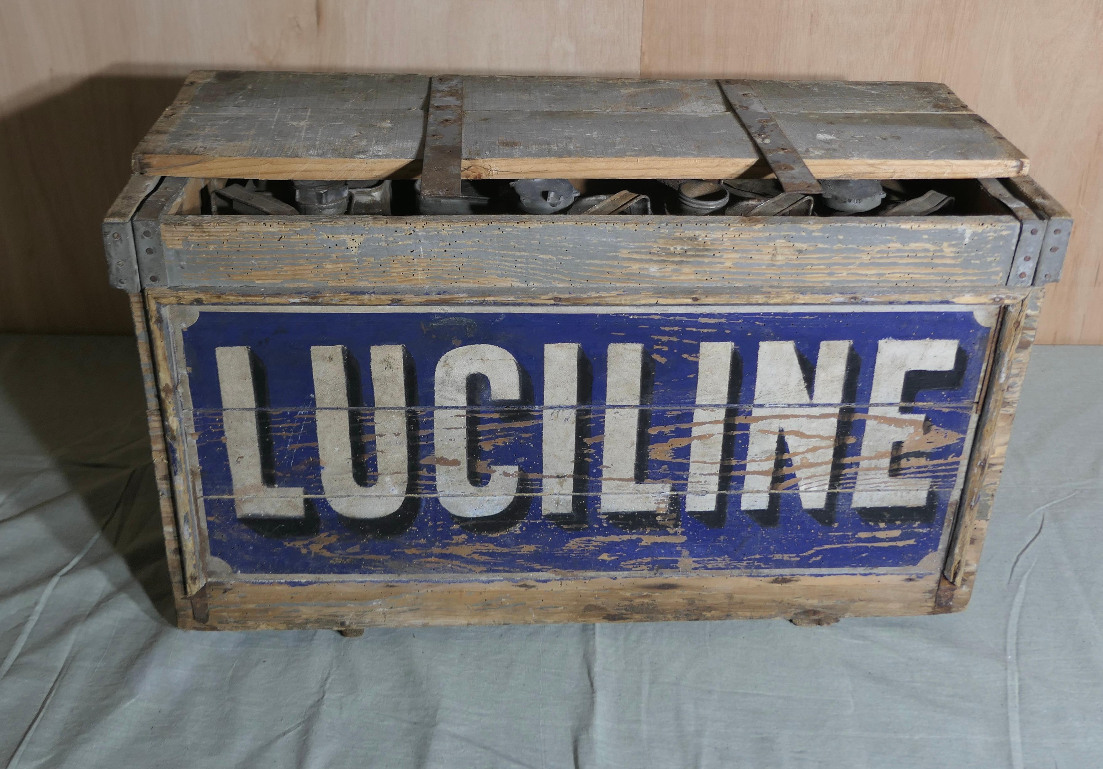 Industrial Rare Vintage Luciline Fuel Cans and Advertising Crate  Dating from the 1900s For Sale