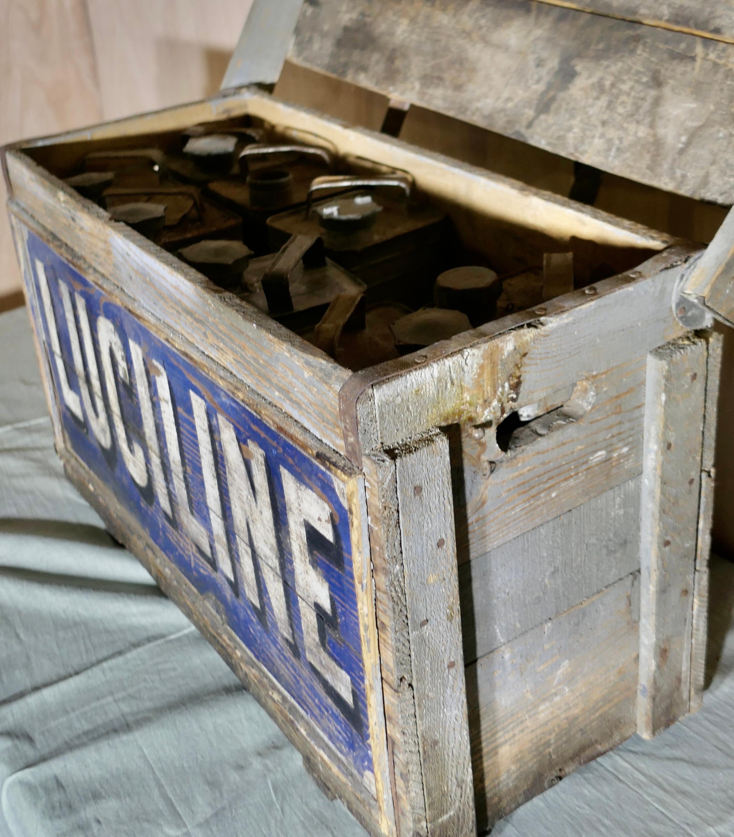 Early 20th Century Rare Vintage Luciline Fuel Cans and Advertising Crate  Dating from the 1900s For Sale