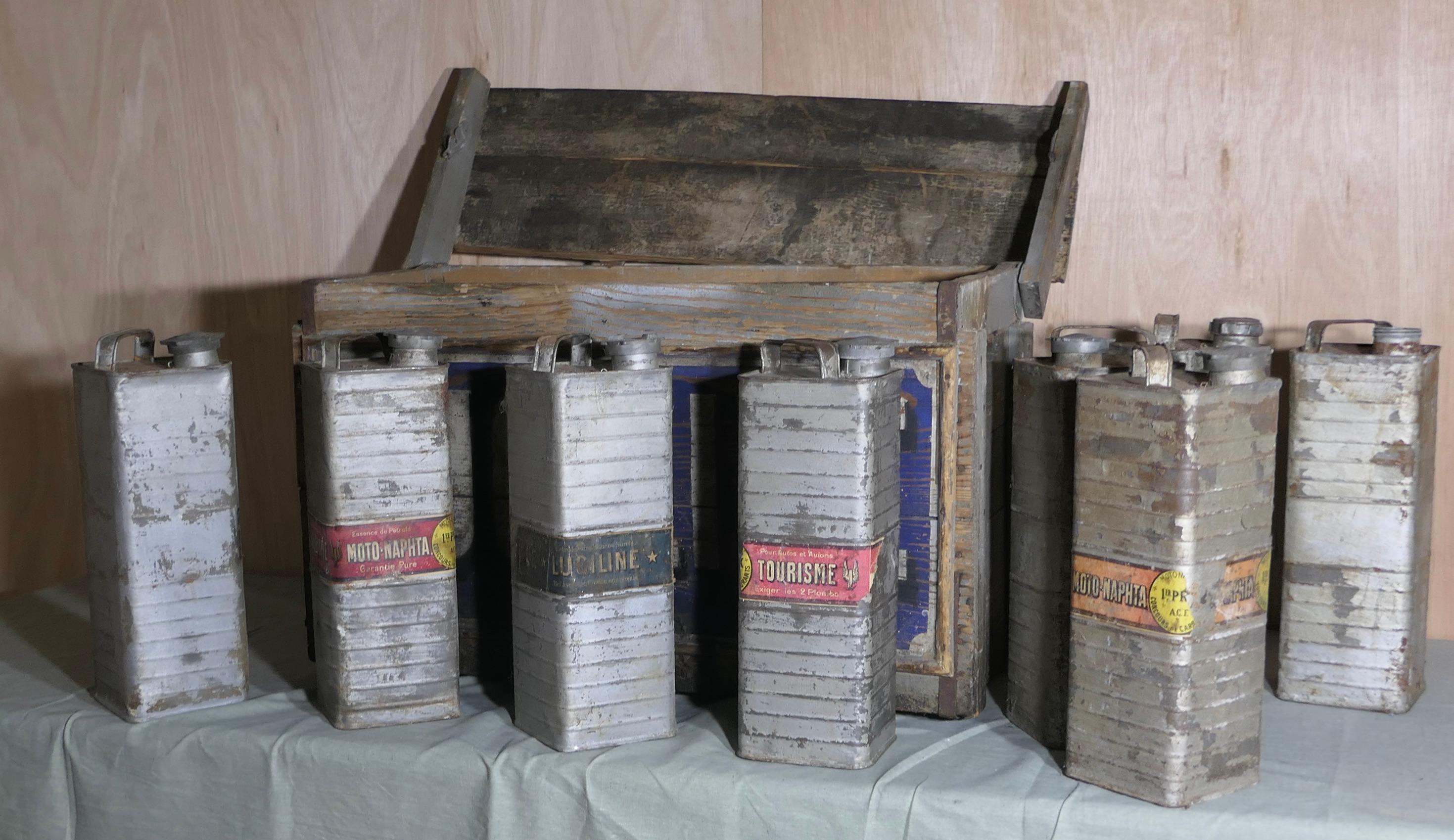 Pine Rare Vintage Luciline Fuel Cans and Advertising Crate  Dating from the 1900s For Sale