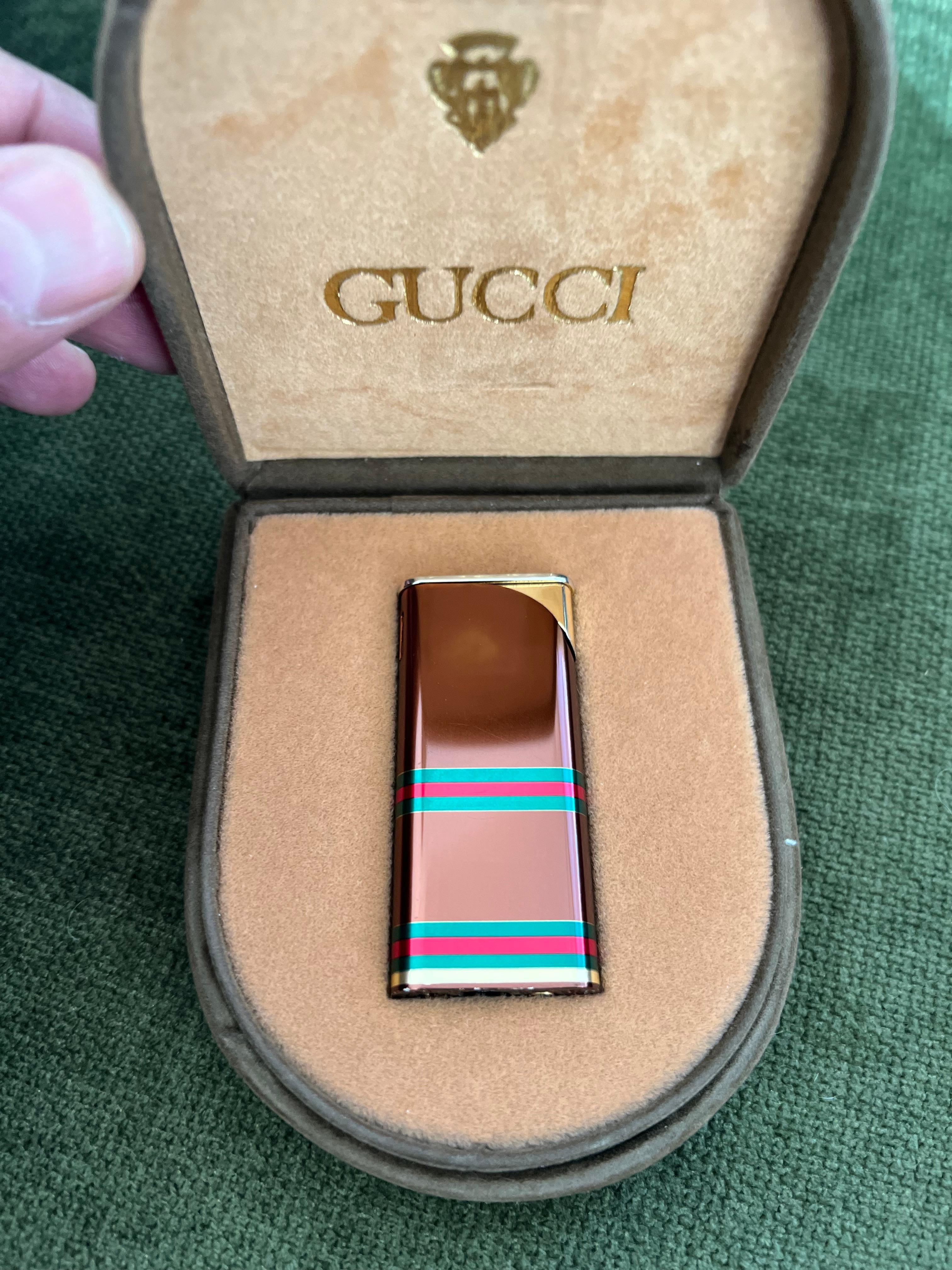 Art Deco Rare Vintage Luxury Gucci lighter Florence Italia Circa 80 Original Suede Case For Sale