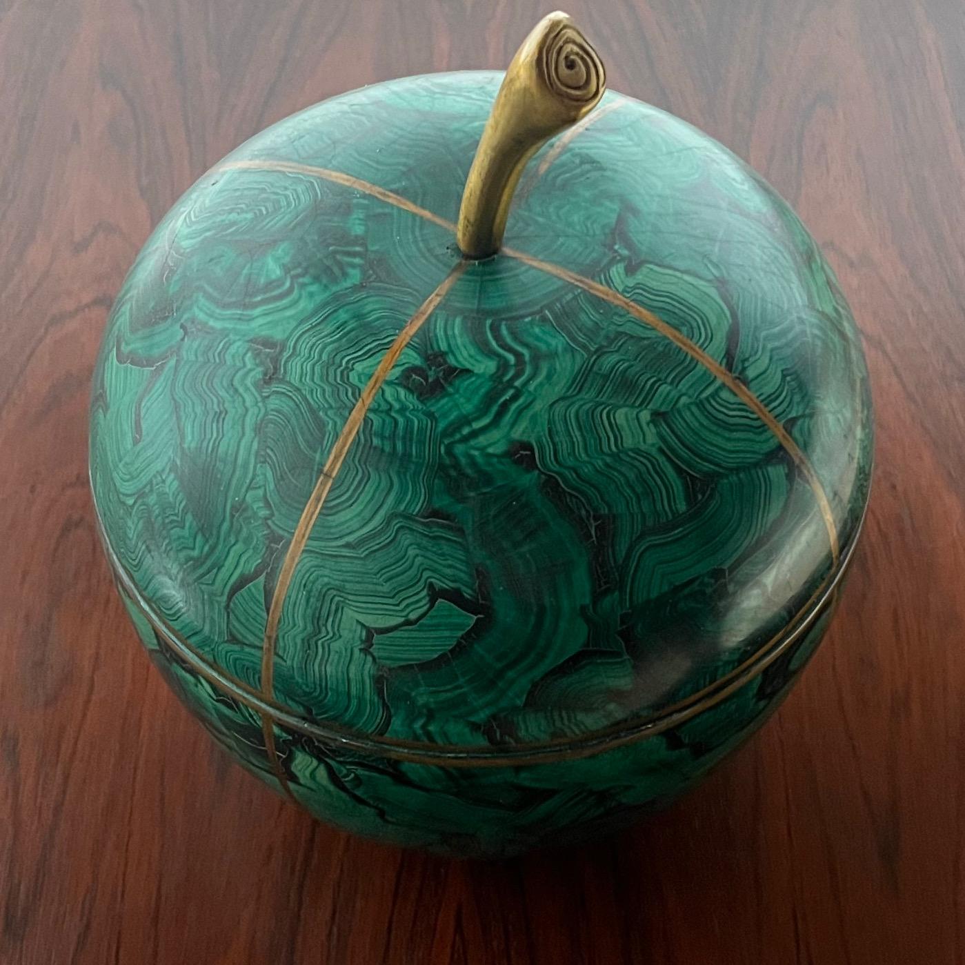 Philippine Rare Vintage Maitland Smith Faux Malachite Treasure Box in the Form of an Apple For Sale