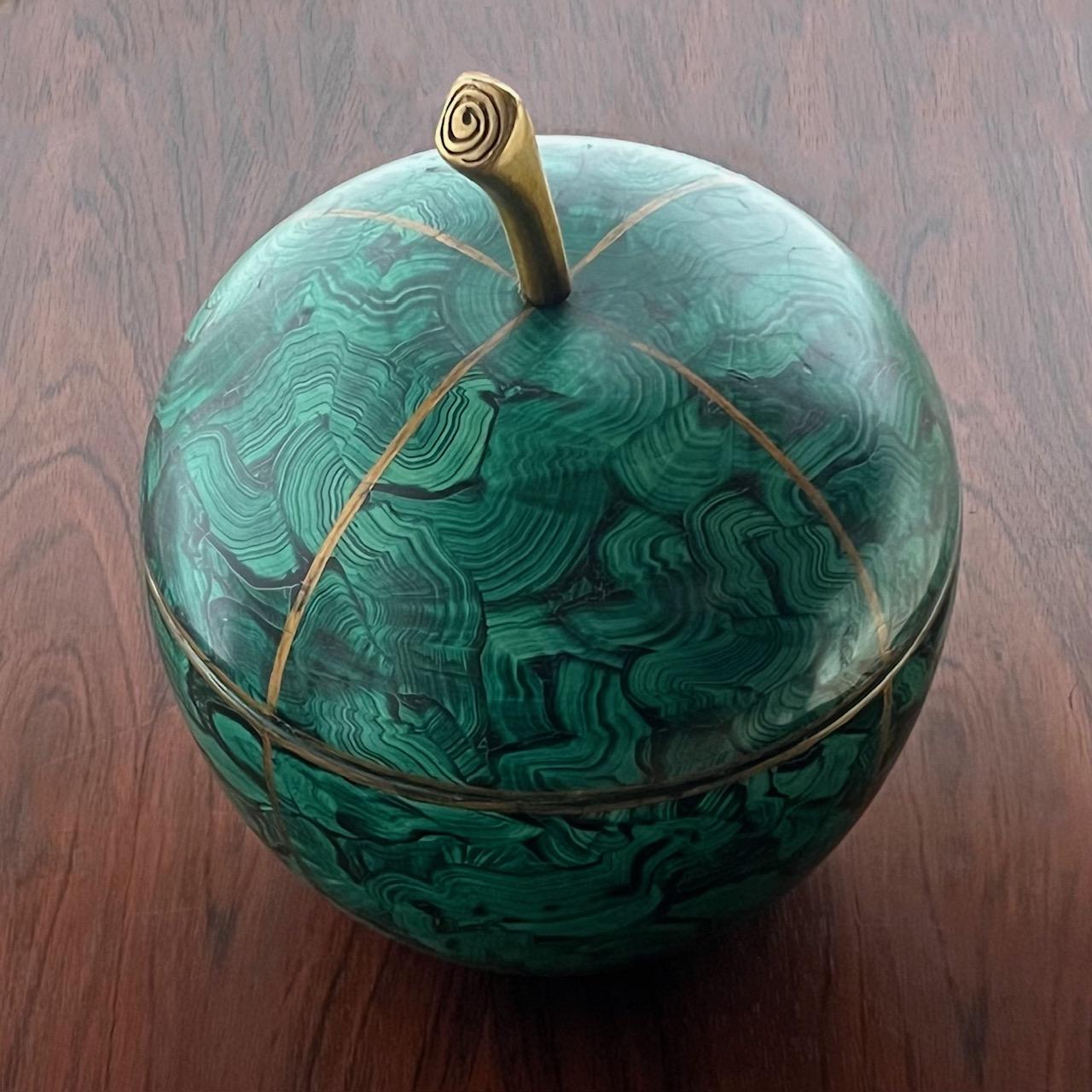 Faux Bois Rare Vintage Maitland Smith Faux Malachite Treasure Box in the Form of an Apple For Sale