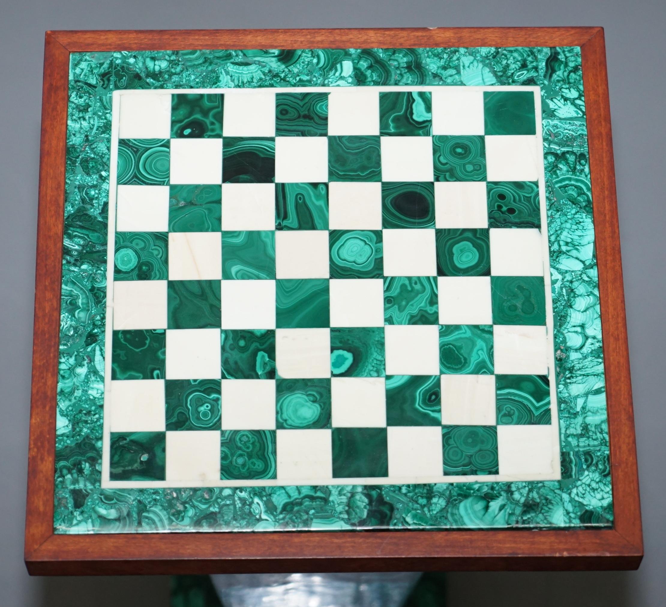 Hand-Crafted Rare Vintage Malachite Pedestal Chess Set After Alfredo Ravasco Storage Inside