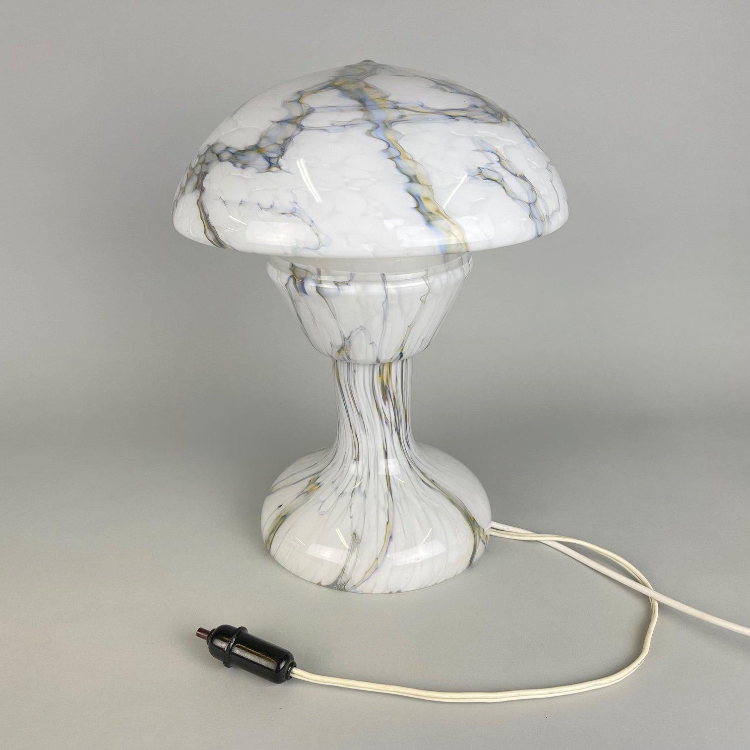 Czech Rare Vintage Marbled Glass, Mushroom Table Lamp, 1930's For Sale
