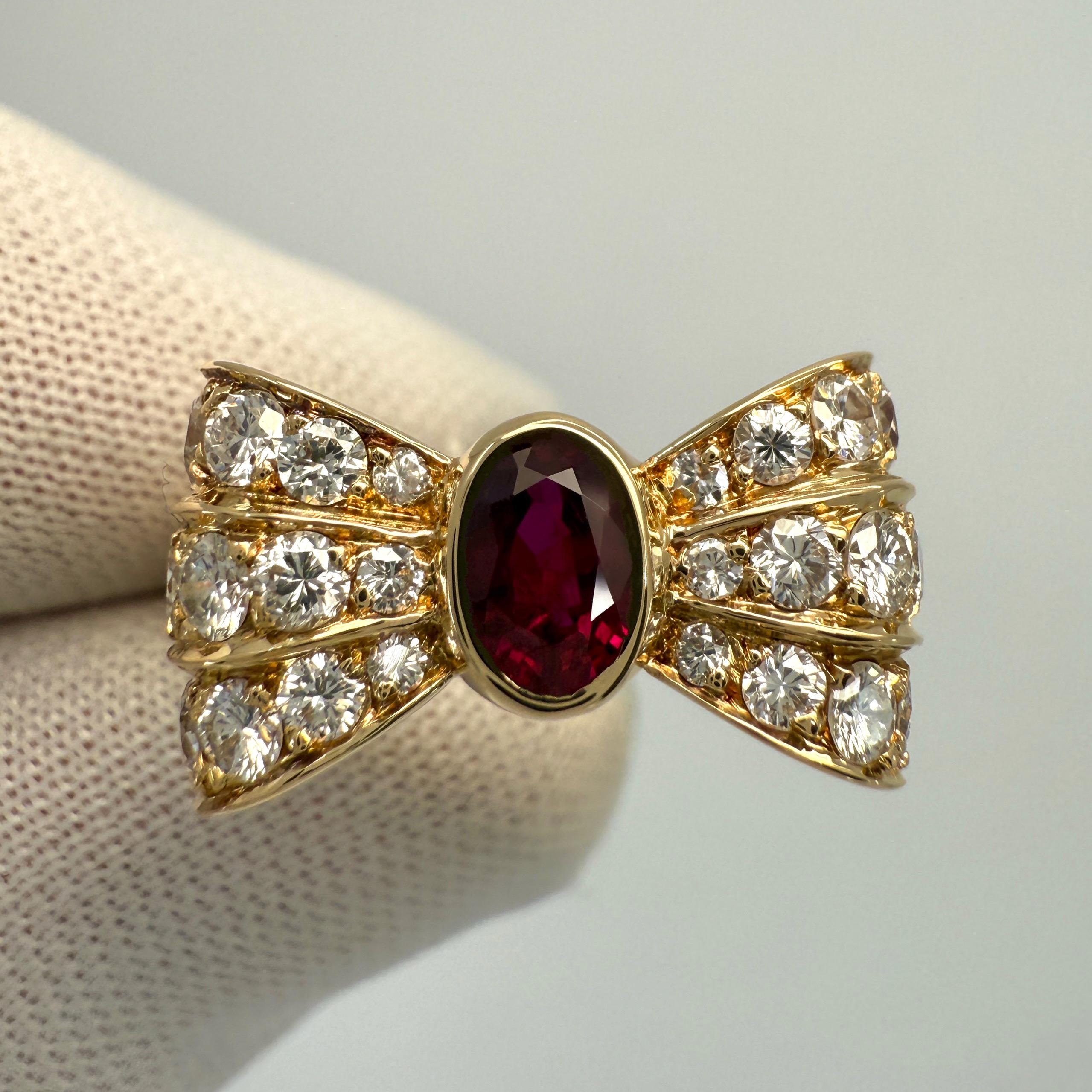 Oval Cut Rare Vintage Mauboussin Deep Red Ruby & Diamond 18k Yellow Gold Bow Ribbon Ring For Sale