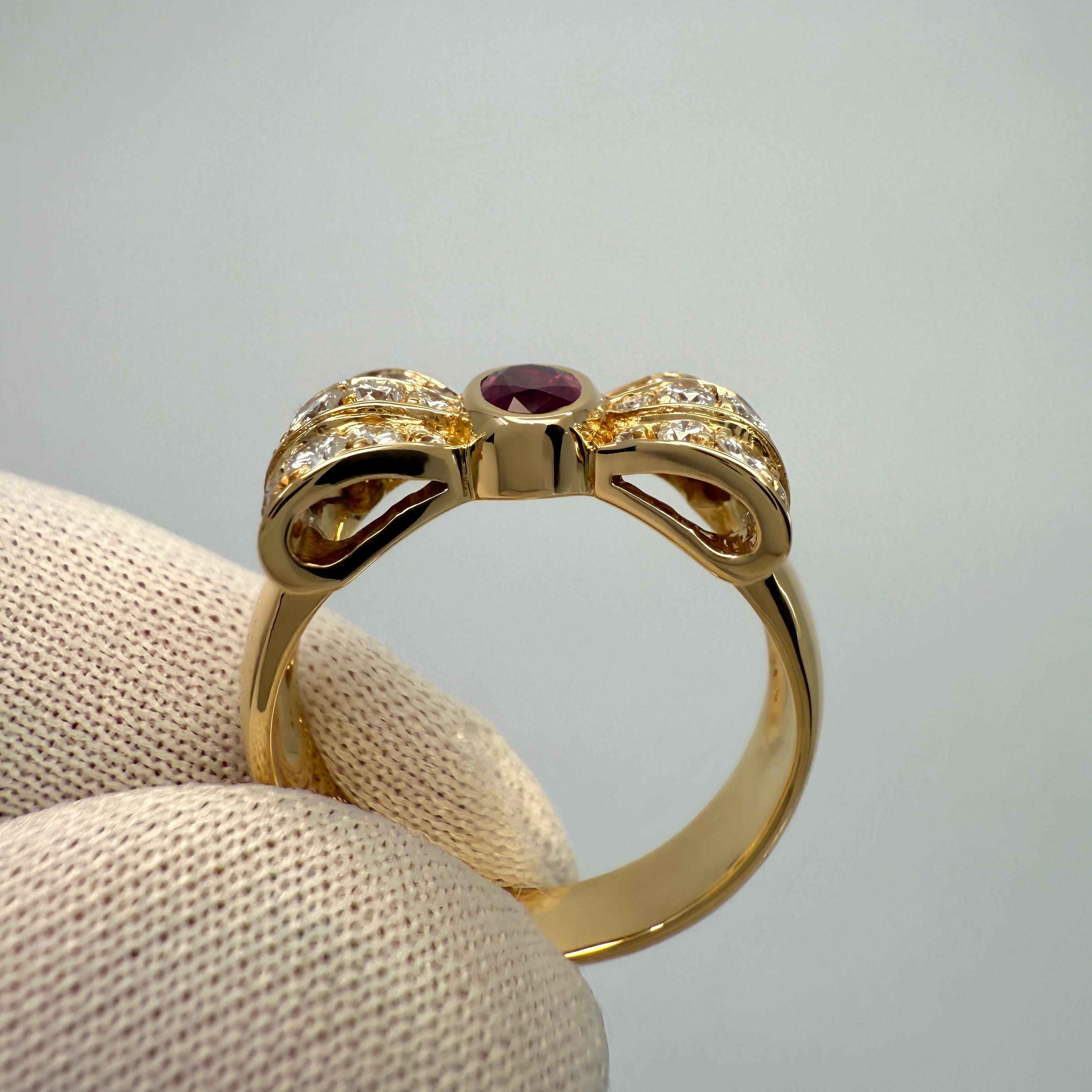 Rare Vintage Mauboussin Deep Red Ruby & Diamond 18k Yellow Gold Bow Ribbon Ring In Good Condition For Sale In Birmingham, GB