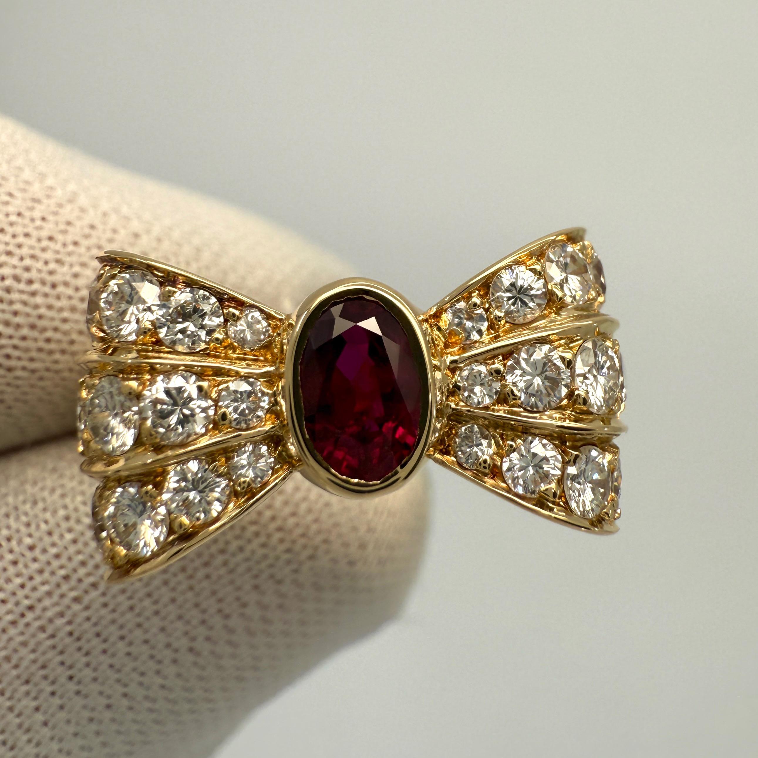 Women's or Men's Rare Vintage Mauboussin Deep Red Ruby & Diamond 18k Yellow Gold Bow Ribbon Ring For Sale