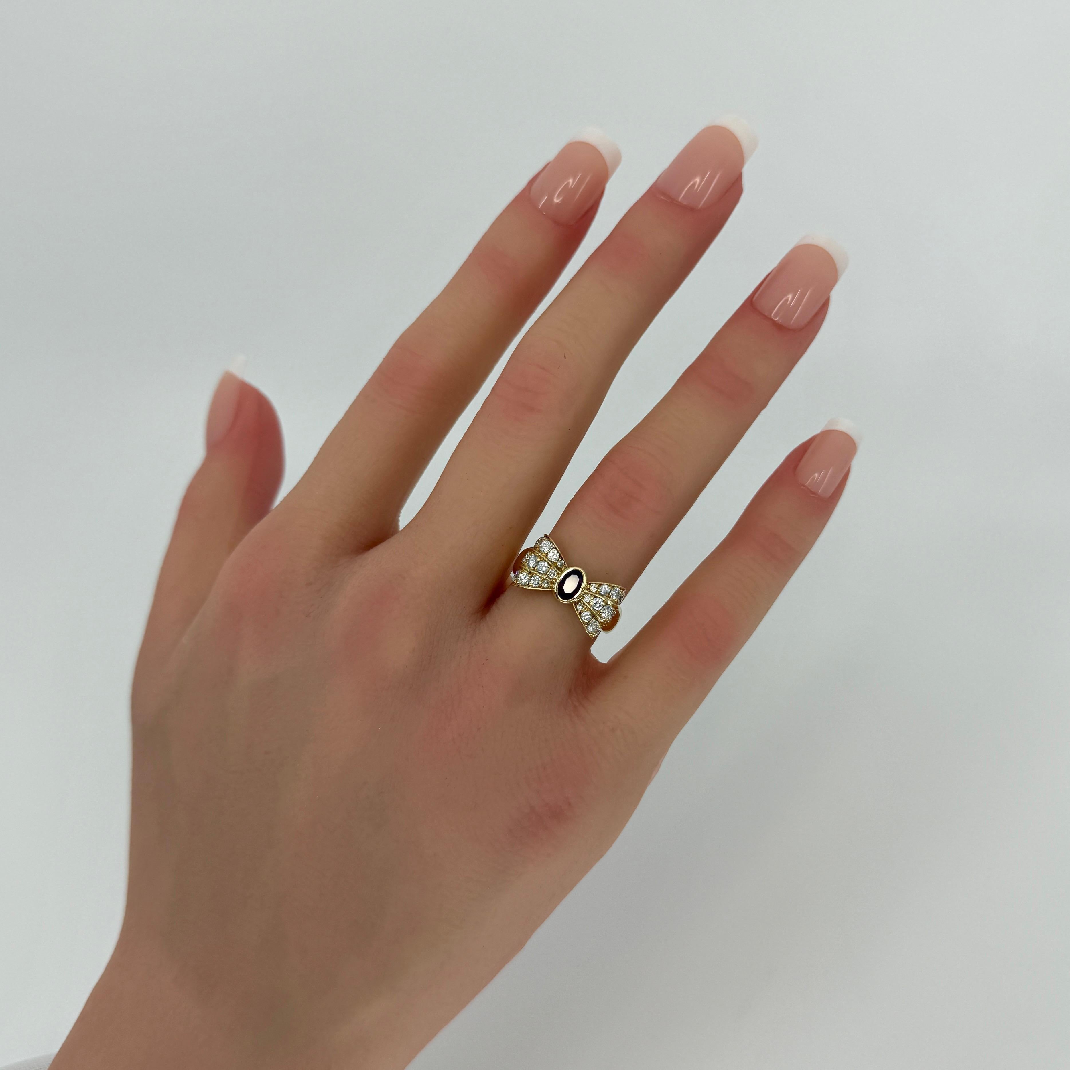 Rare Vintage Mauboussin Deep Red Ruby & Diamond 18k Yellow Gold Bow Ribbon Ring For Sale 2